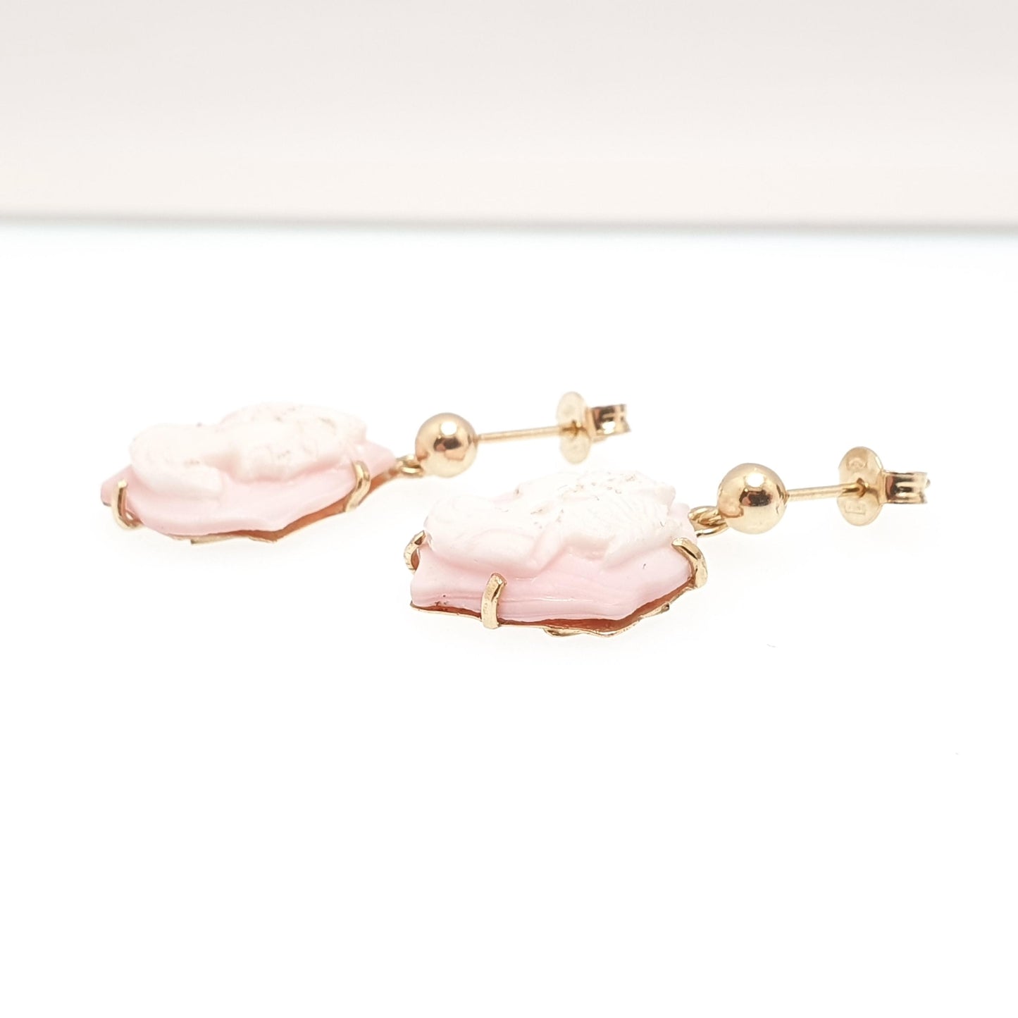 Vintage 18ct 18k Gold Cameo Earrings Pink Conch Shell Hand Carved Solid 750 18kt Italian Handmade Jewellery Jewelry