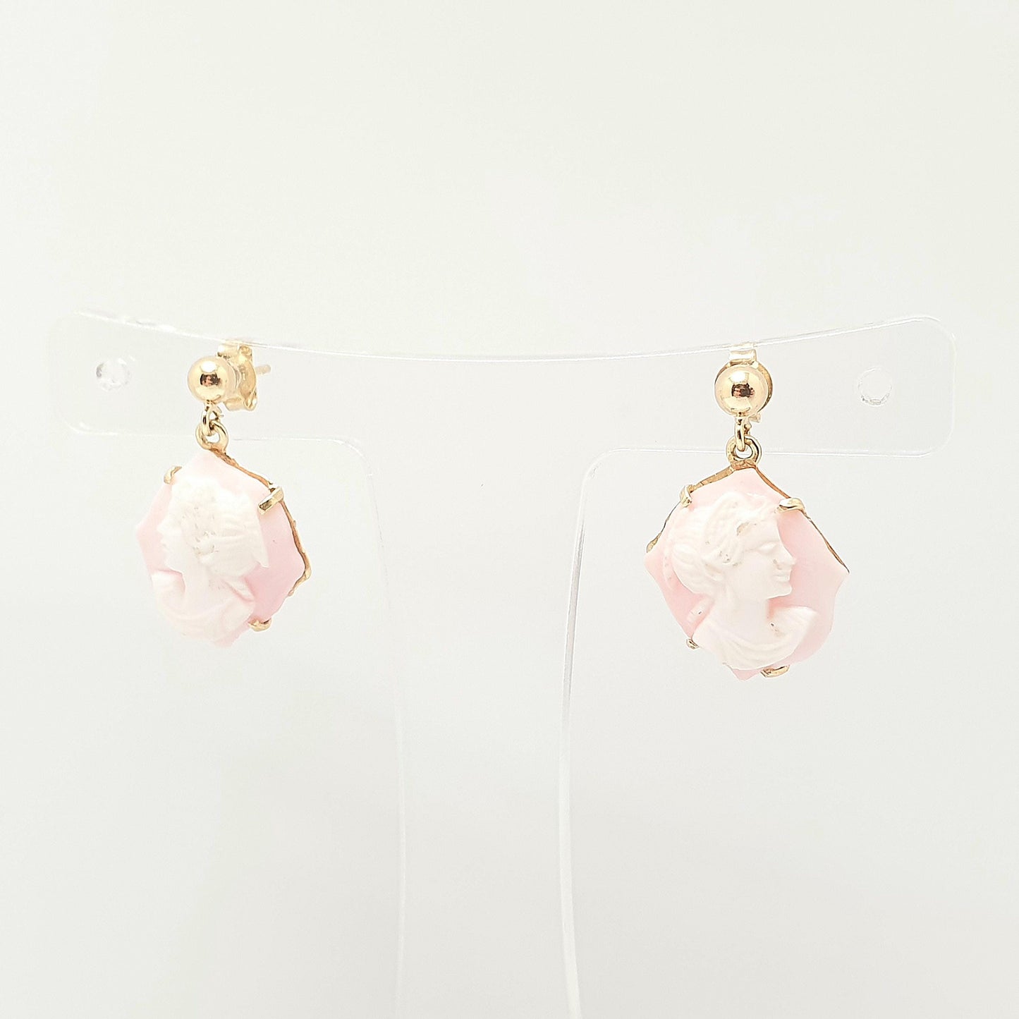 Vintage 18ct 18k Gold Cameo Earrings Pink Conch Shell Hand Carved Solid 750 18kt Italian Handmade Jewellery Jewelry