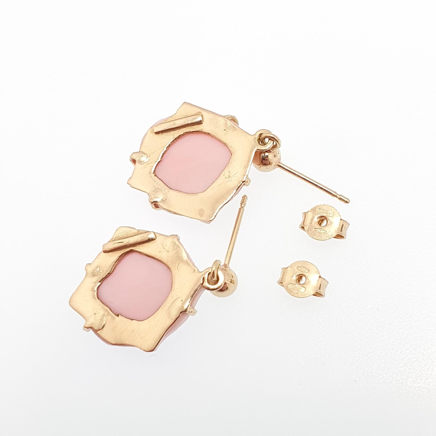 Vintage 18ct 18k Gold Cameo Earrings Pink Conch Shell Hand Carved Solid 750 18kt Italian Handmade Jewellery Jewelry