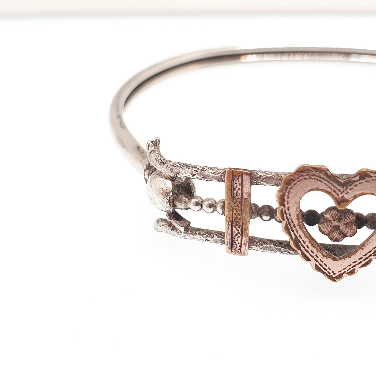 Antique Victorian Solid Silver Heart Bangle Rolled Gold Front Bracelet 1800s Sweetheart Love Vintage Jewelry Jewellery