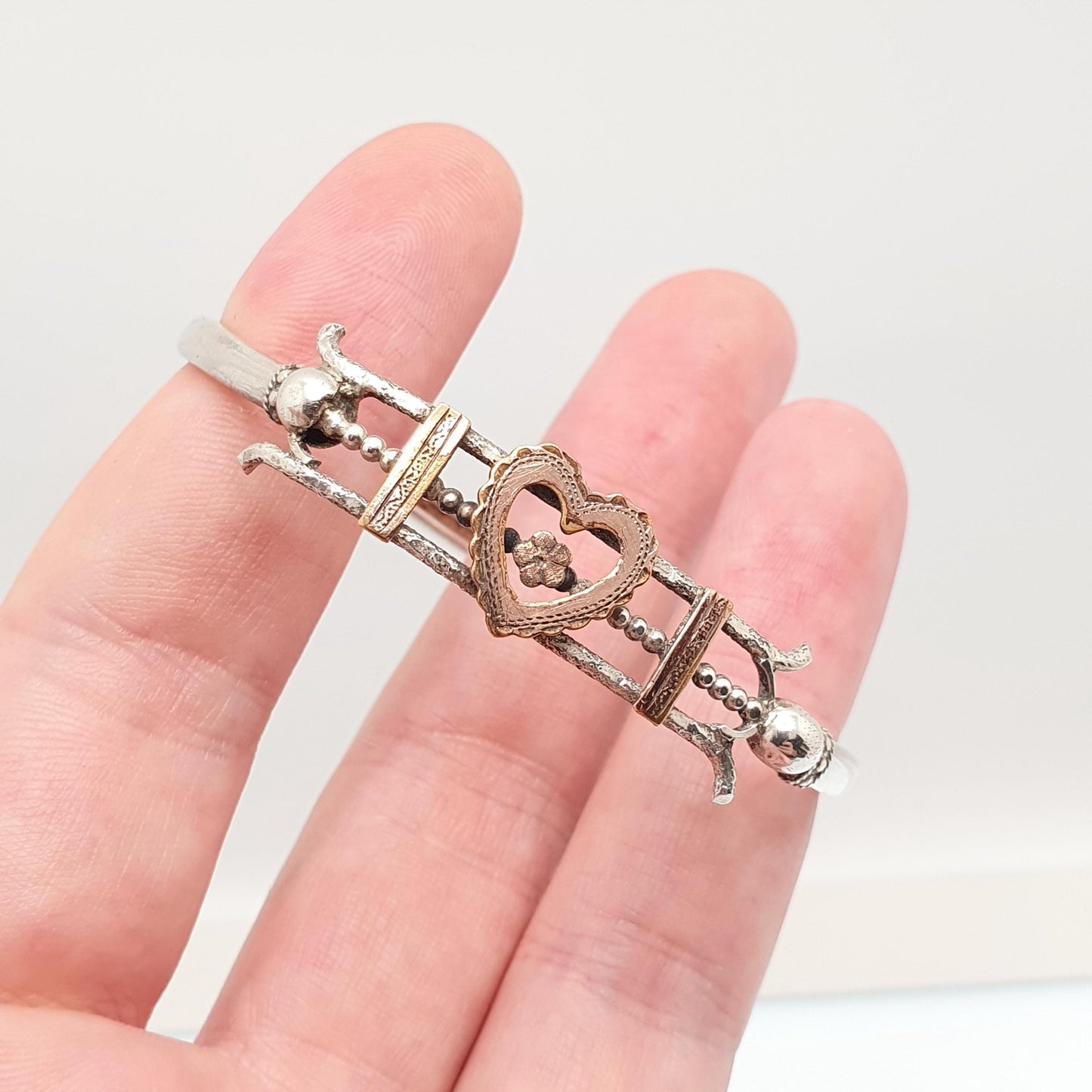 Antique Victorian Solid Silver Heart Bangle Rolled Gold Front Bracelet 1800s Sweetheart Love Vintage Jewelry Jewellery