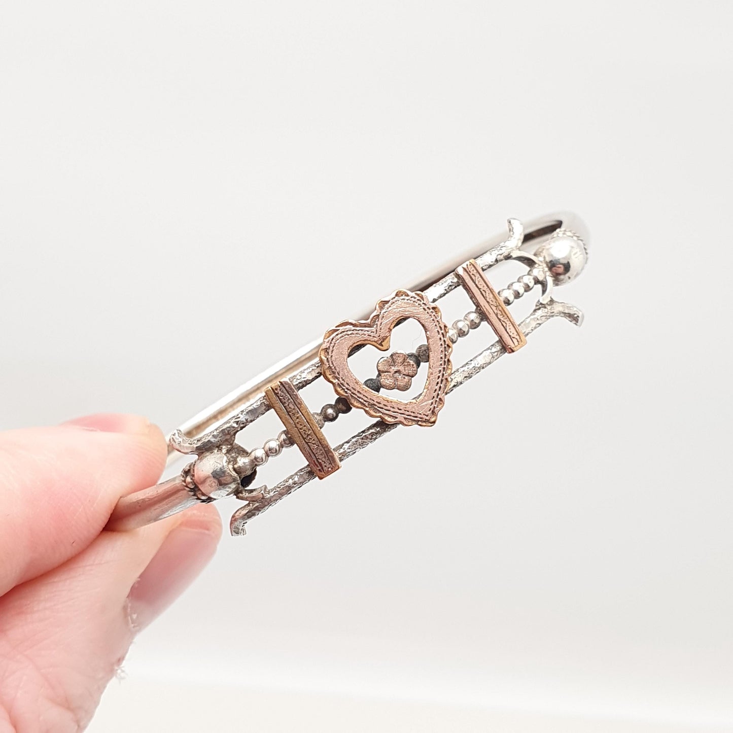 Antique Victorian Solid Silver Heart Bangle Rolled Gold Front Bracelet 1800s Sweetheart Love Vintage Jewelry Jewellery