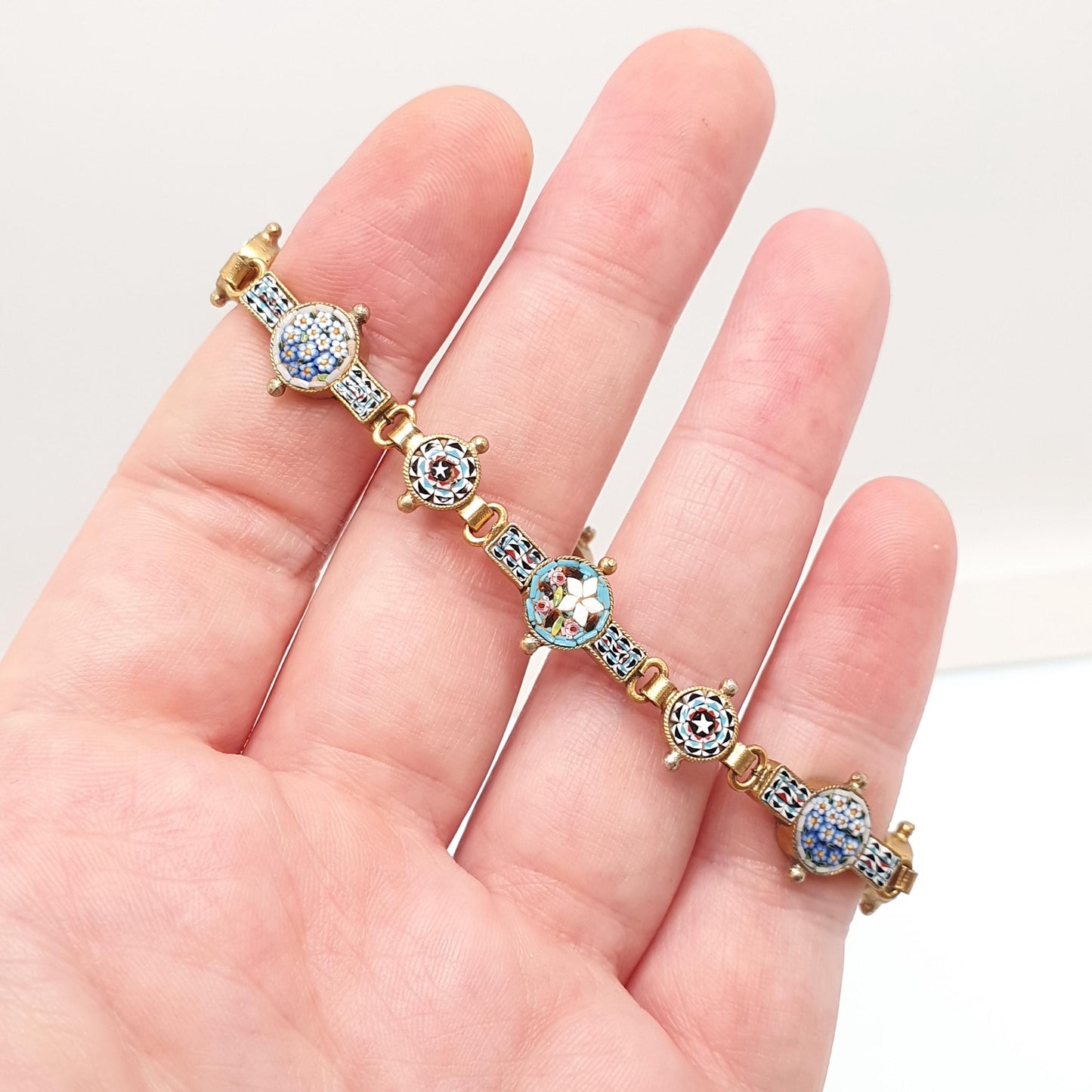 Antique Victorian Micro Mosaic Bracelet Micromosaic Gold Gilt Italian Millefiori Blown Glass Flower Venetian Vintage Jewelry Jewellery