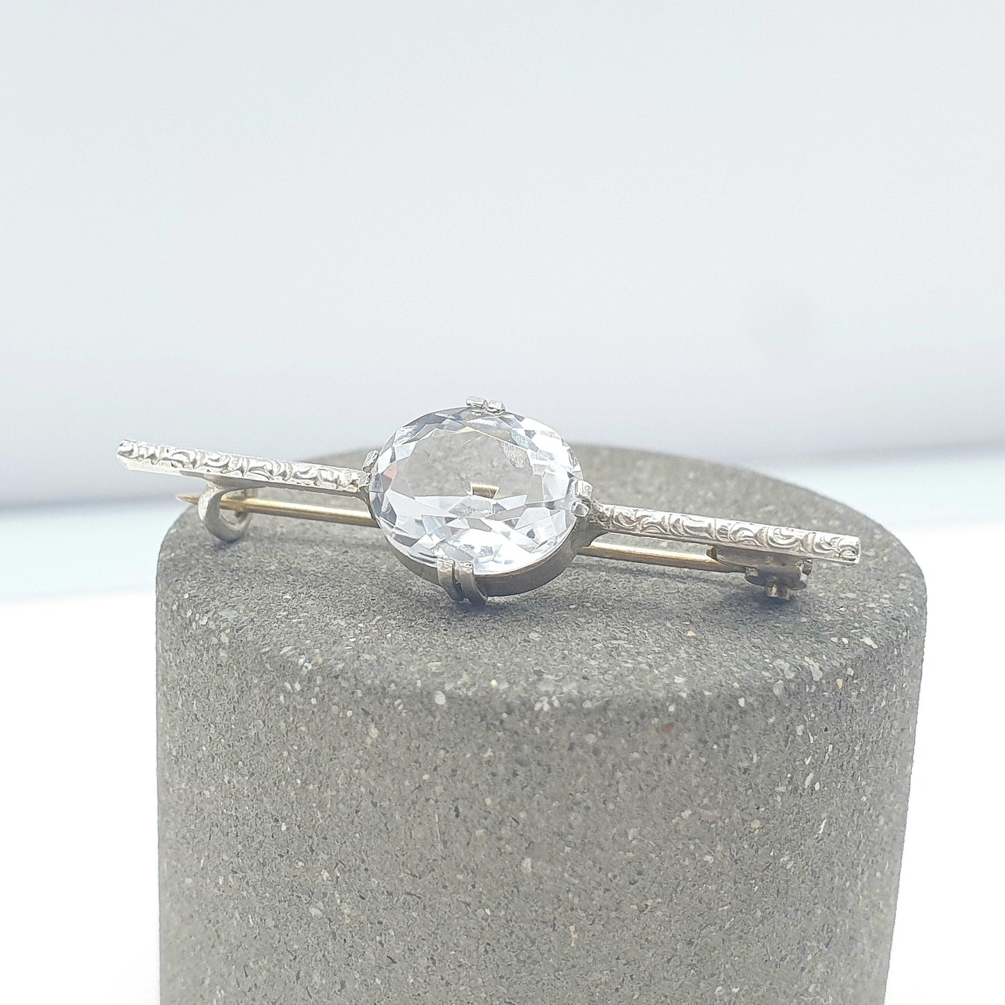 Antique Solid Silver Rock Crystal Brooch Oval Cut White Quartz Bar Pin 1910s Womens Unisex Jewelry Jewellery Vintage