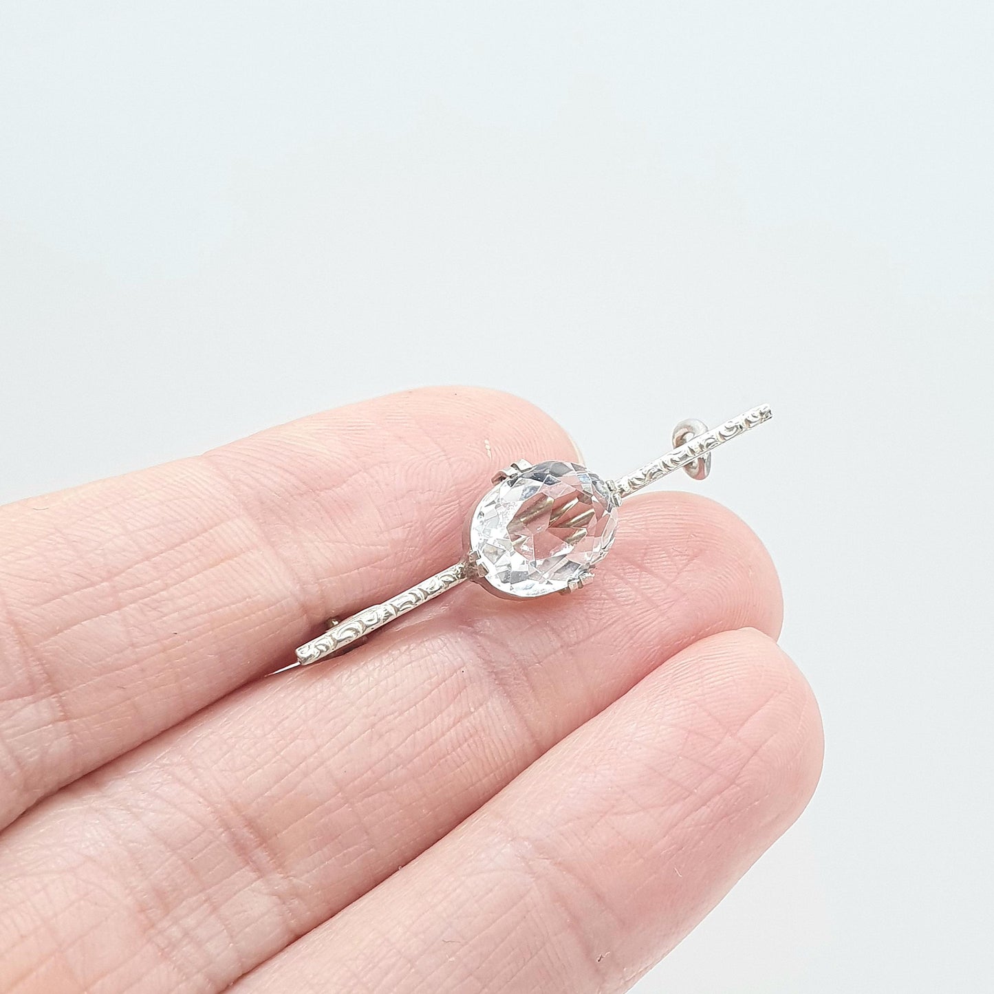 Antique Solid Silver Rock Crystal Brooch Oval Cut White Quartz Bar Pin 1910s Womens Unisex Jewelry Jewellery Vintage