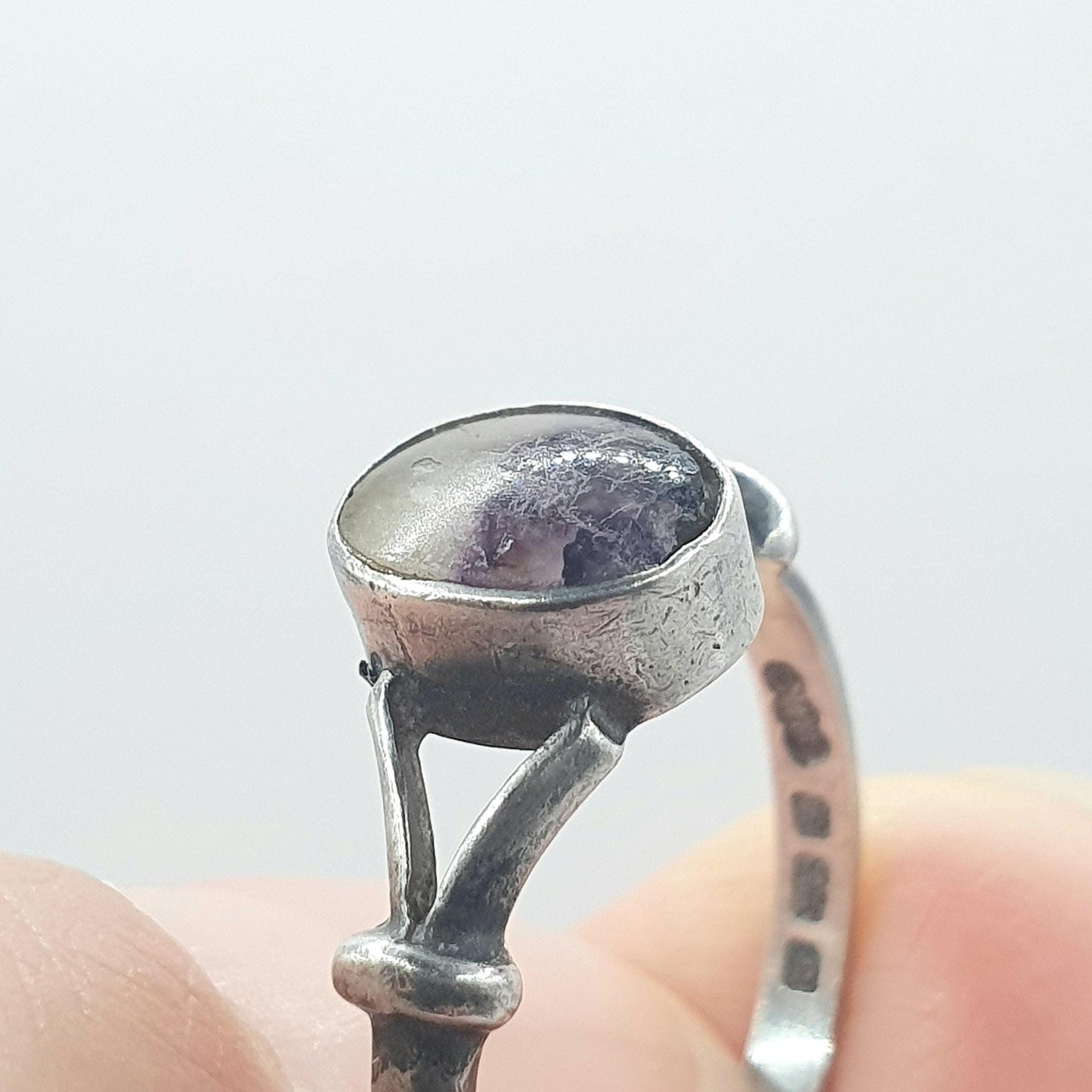 Vintage Sterling Silver Blue John Ring Oval Cabochon Signet Fluorite Gemstone Bleu Jaune Rare Gemstone Jewelry Jewellery