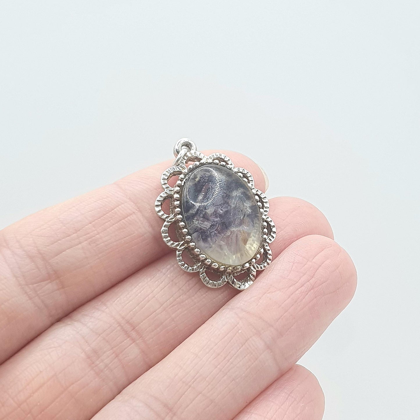Vintage Sterling Silver Blue John Pendant Necklace Doublet Gemstone Flourite Charm Border Womens Mens Rare Gemstone Retro Jewelry