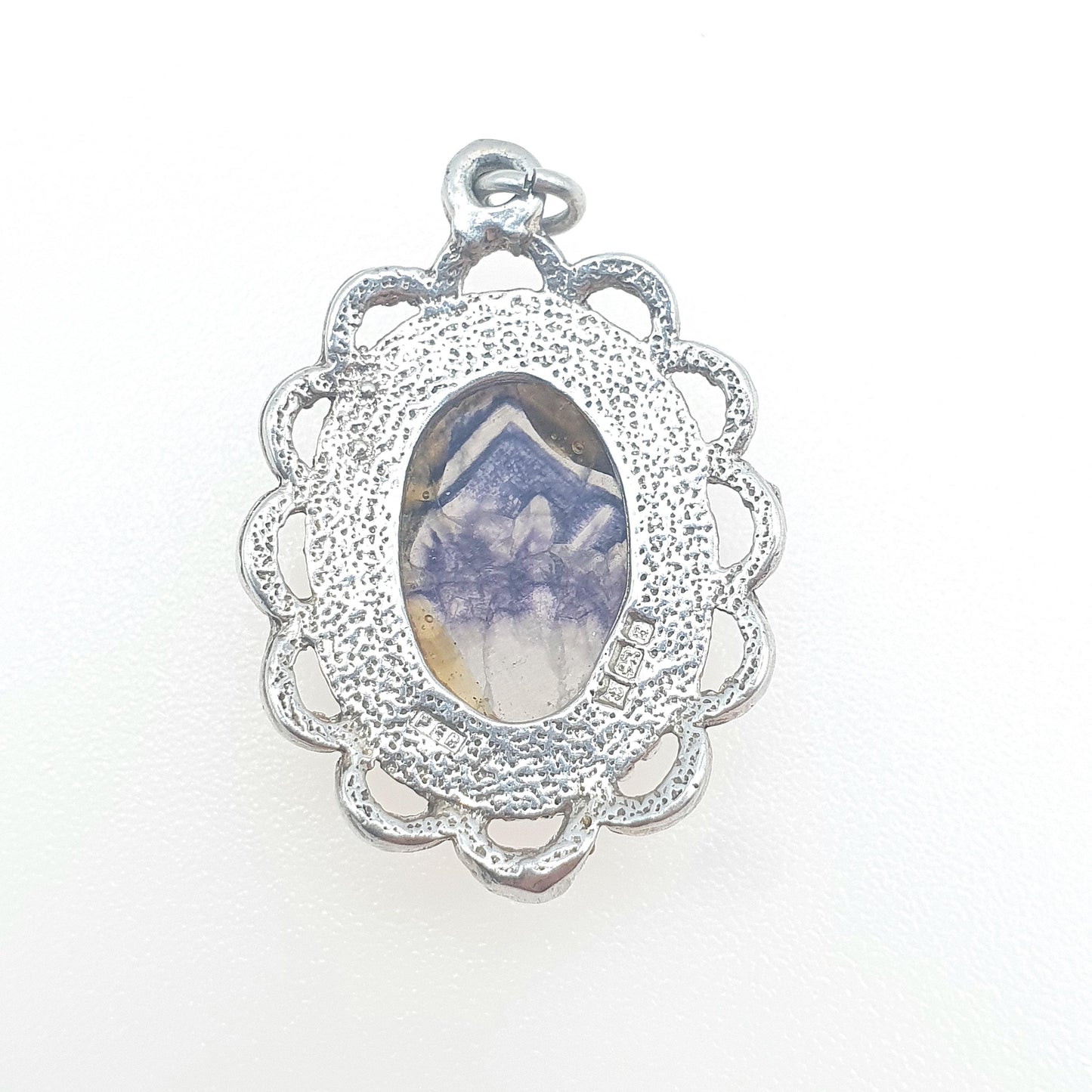 Vintage Sterling Silver Blue John Pendant Necklace Doublet Gemstone Flourite Charm Border Womens Mens Rare Gemstone Retro Jewelry