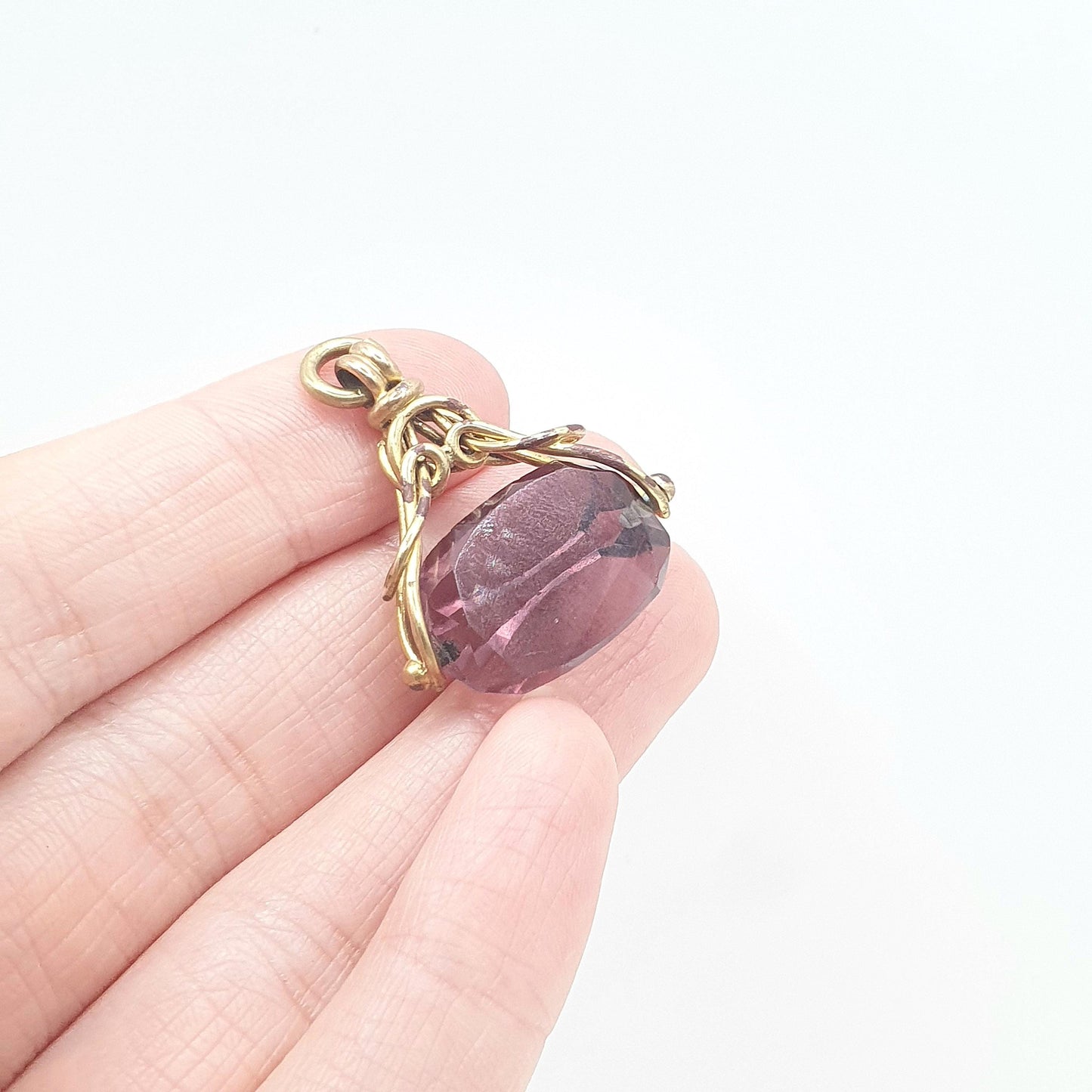 Antique Victorian Rolled Gold Amethyst Paste Spinner Fob Pendant Gold Filled Purple Glass Vintage Mens Womens Jewellery Jewelry Charm