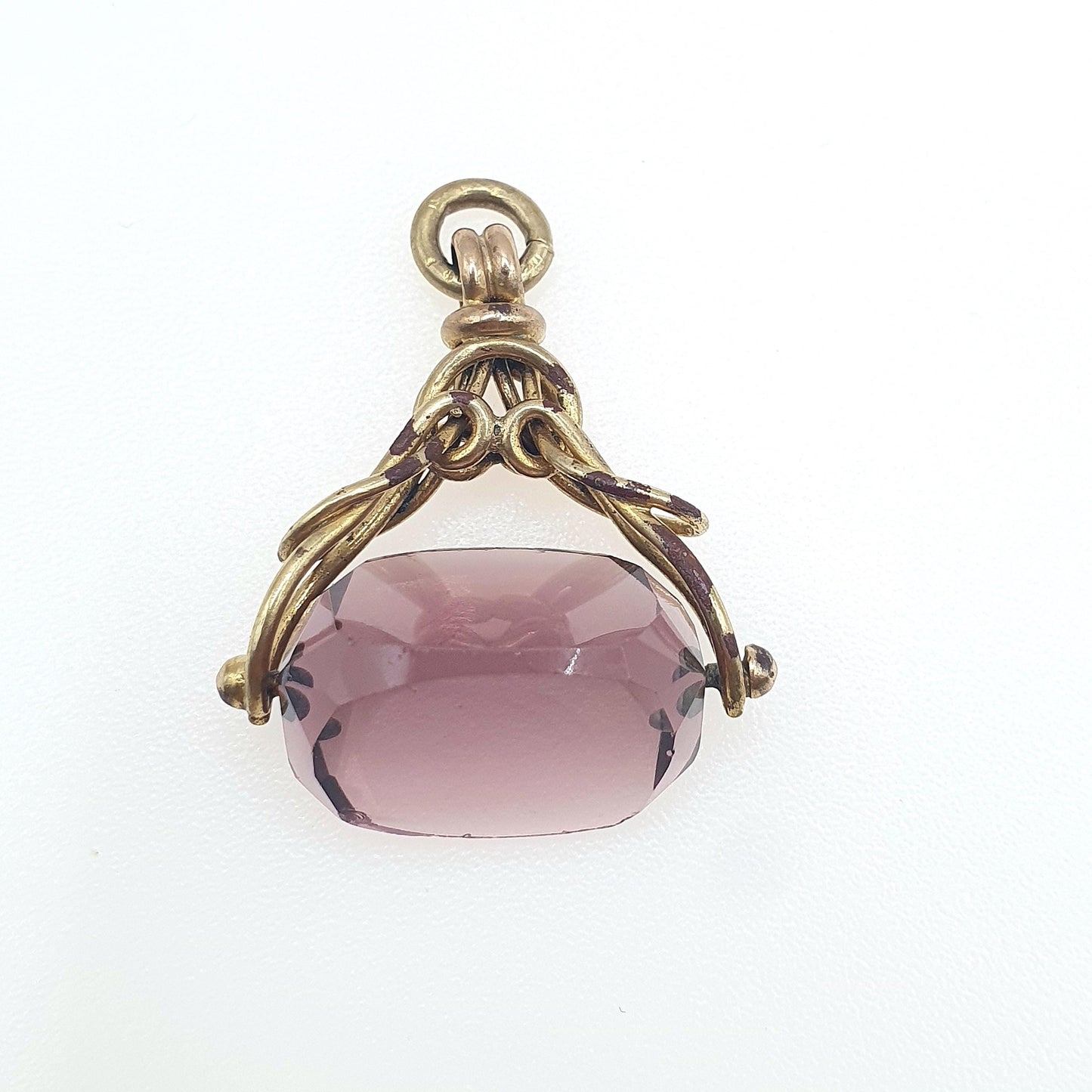 Antique Victorian Rolled Gold Amethyst Paste Spinner Fob Pendant Gold Filled Purple Glass Vintage Mens Womens Jewellery Jewelry Charm