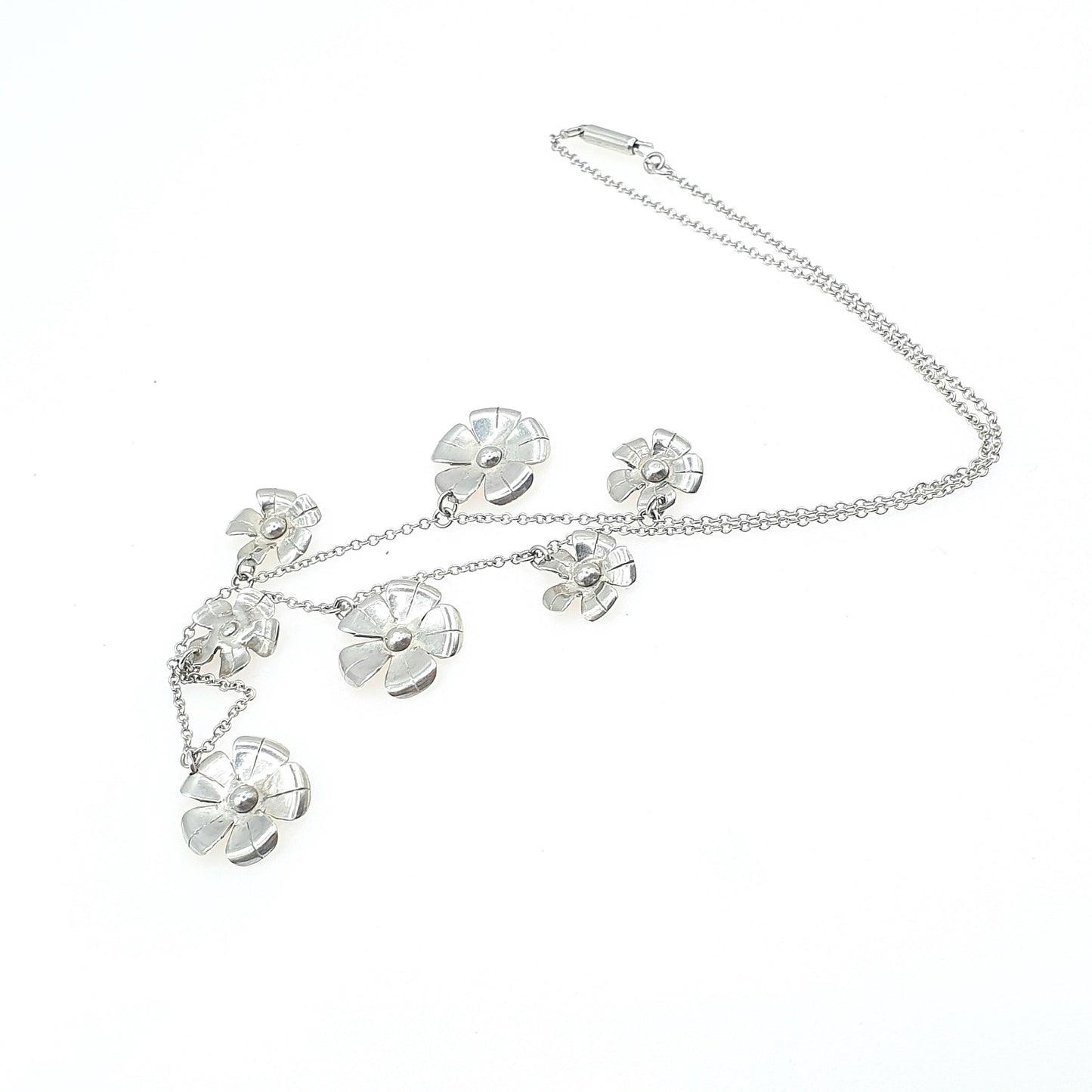 Antique Solid Silver Flower Necklace Art Deco Scandinavian Style Floral Pendants Chain Sweet 42cm 7.36g Dainty Womens Jewelry Jewellery