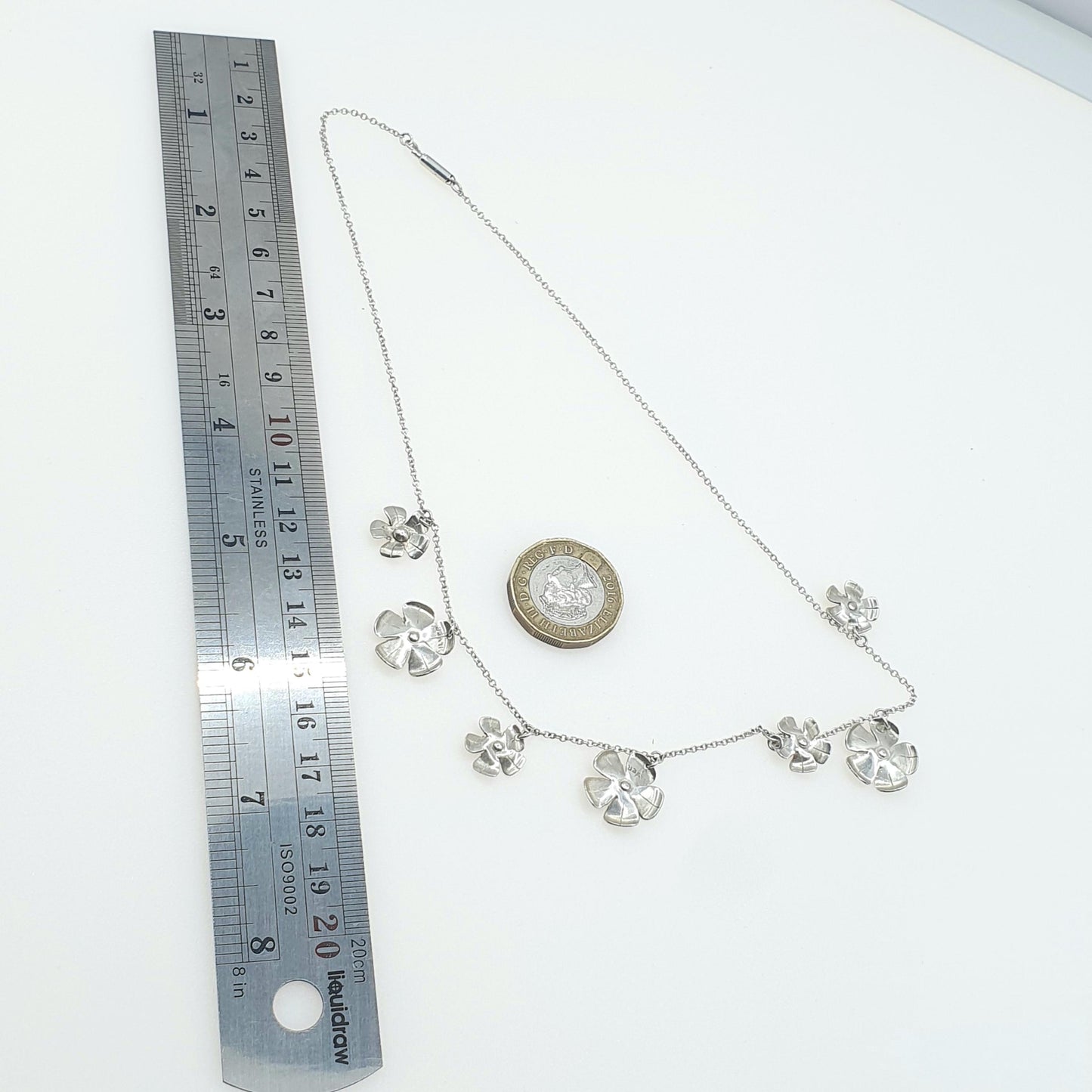 Antique Solid Silver Flower Necklace Art Deco Scandinavian Style Floral Pendants Chain Sweet 42cm 7.36g Dainty Womens Jewelry Jewellery