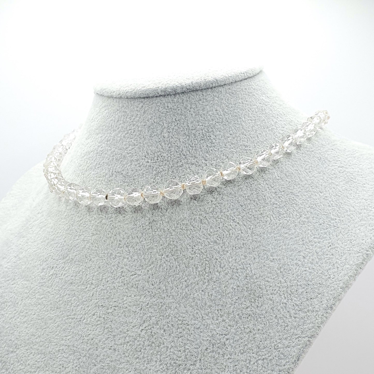 Antique Rock Crystal Bead Necklace Art Deco Sterling Silver Clasp Genuine White Quartz Gemstones 25.15g Faceted Beads Jewelry Jewellery