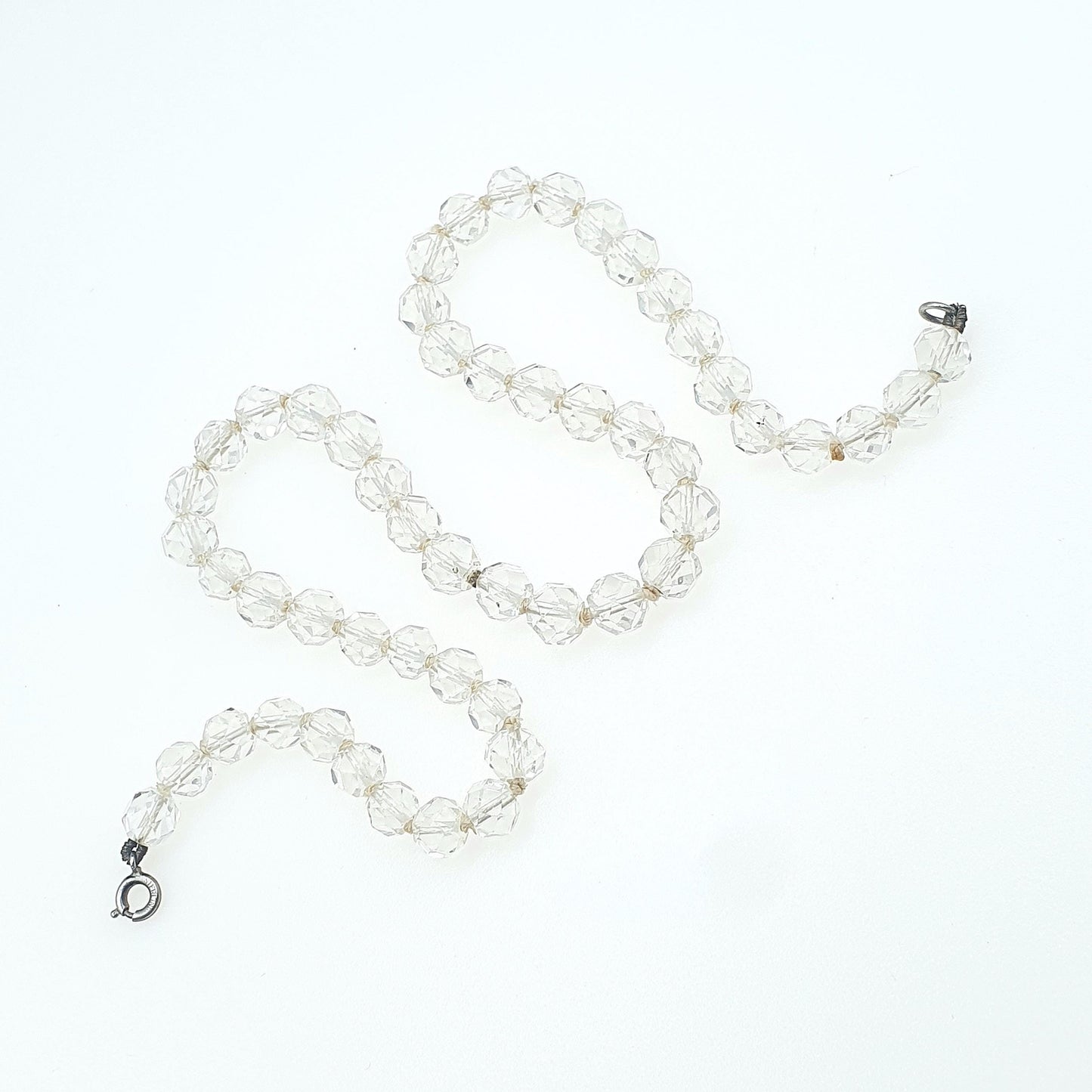 Antique Rock Crystal Bead Necklace Art Deco Sterling Silver Clasp Genuine White Quartz Gemstones 25.15g Faceted Beads Jewelry Jewellery