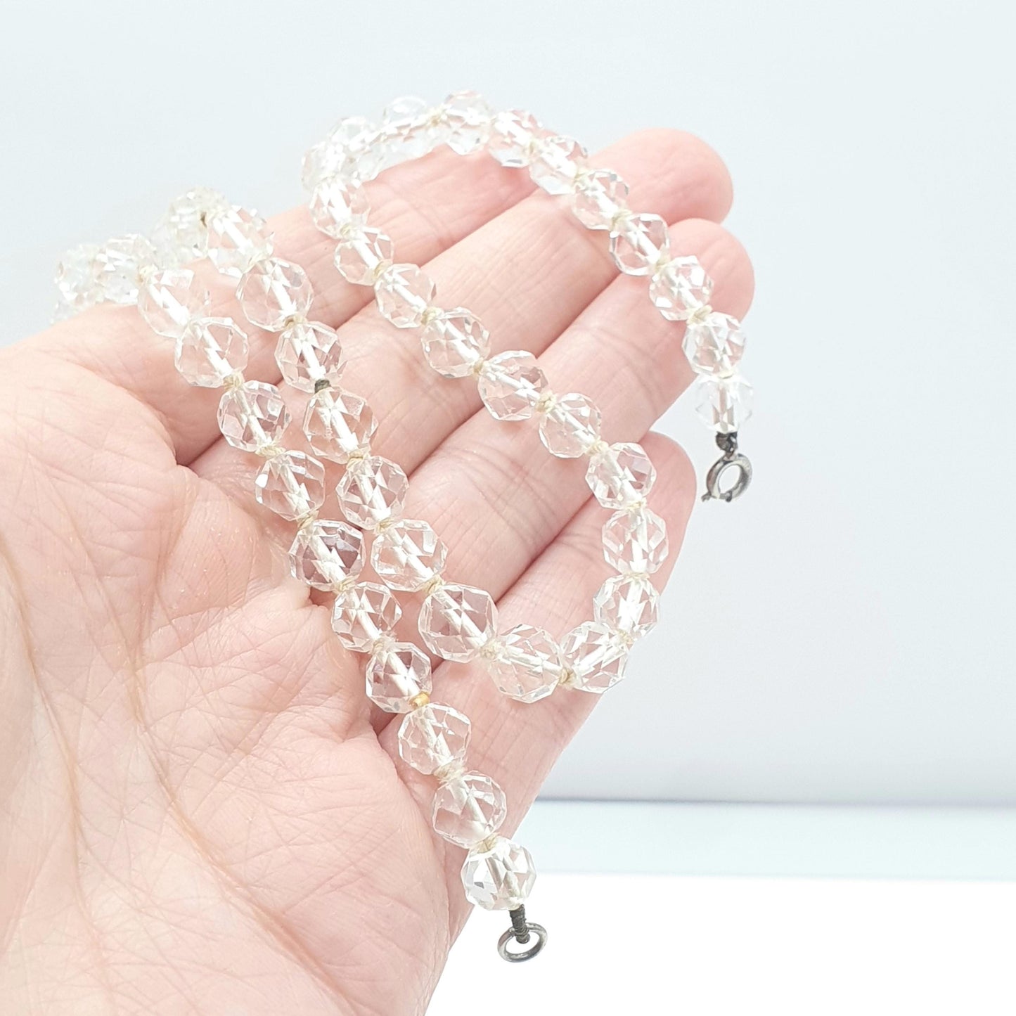 Antique Rock Crystal Bead Necklace Art Deco Sterling Silver Clasp Genuine White Quartz Gemstones 25.15g Faceted Beads Jewelry Jewellery