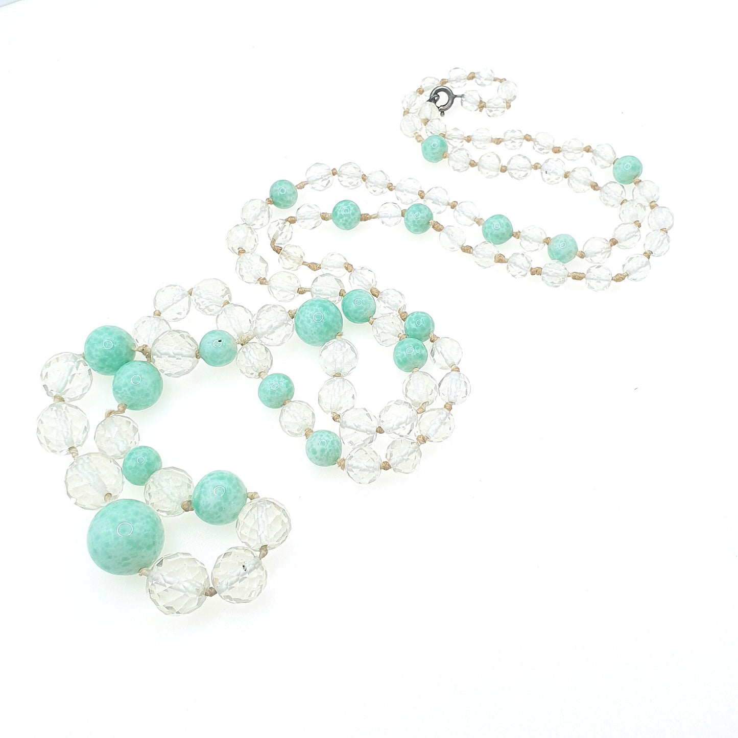RESERVED/SOLD DON Antique Art Deco Peking Jade Glass Bead Necklace Cut Clear 125g Crystal Glass Very Long Faceted & Round Beads