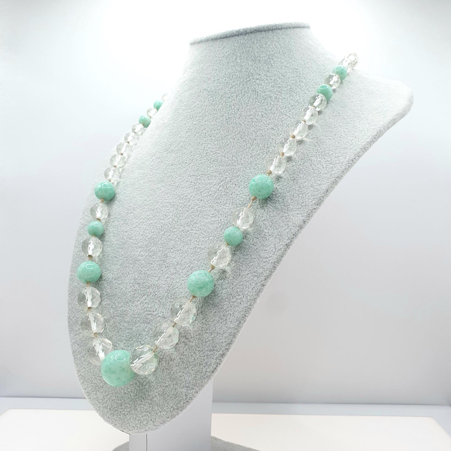 RESERVED/SOLD DON Antique Art Deco Peking Jade Glass Bead Necklace Cut Clear 125g Crystal Glass Very Long Faceted & Round Beads