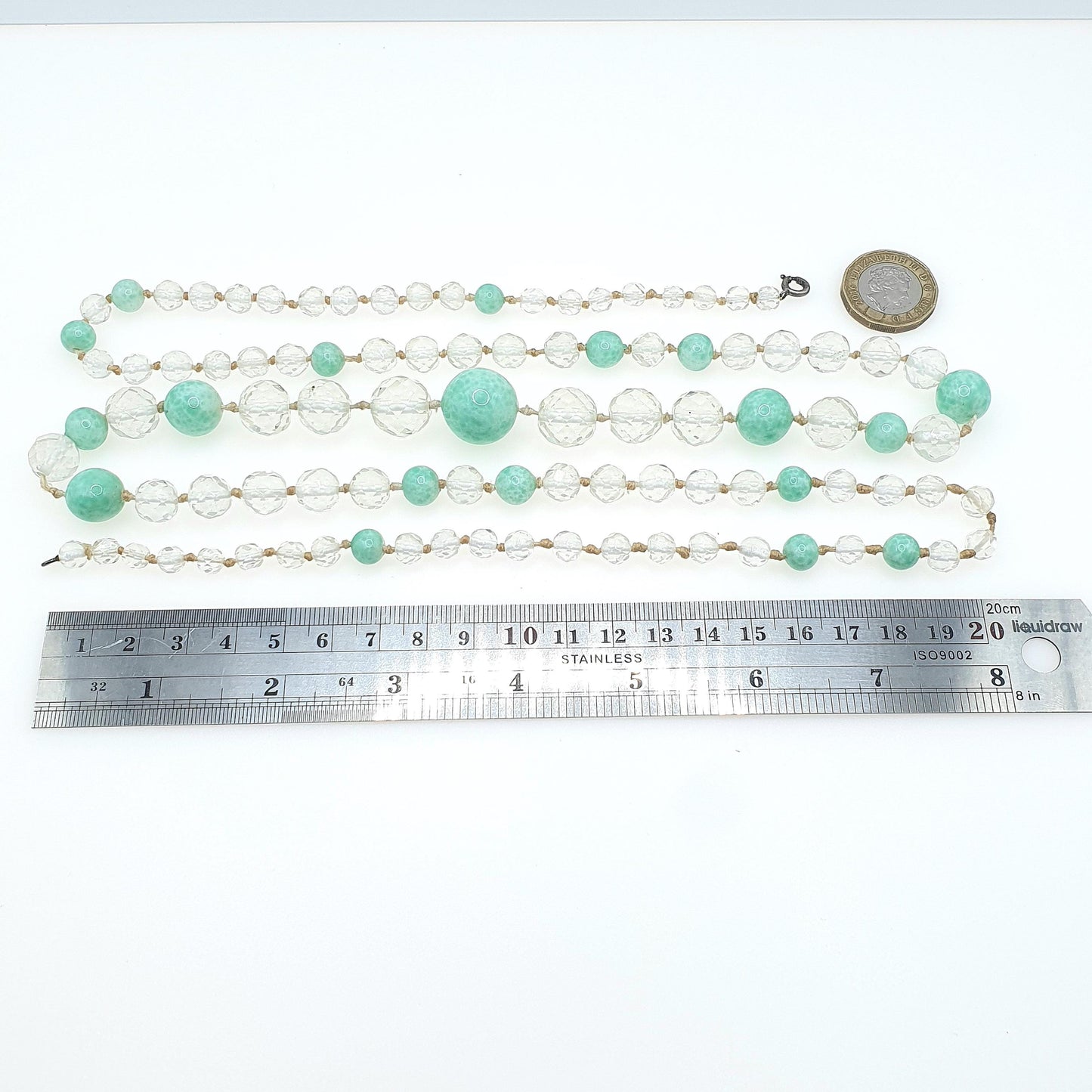 RESERVED/SOLD DON Antique Art Deco Peking Jade Glass Bead Necklace Cut Clear 125g Crystal Glass Very Long Faceted & Round Beads
