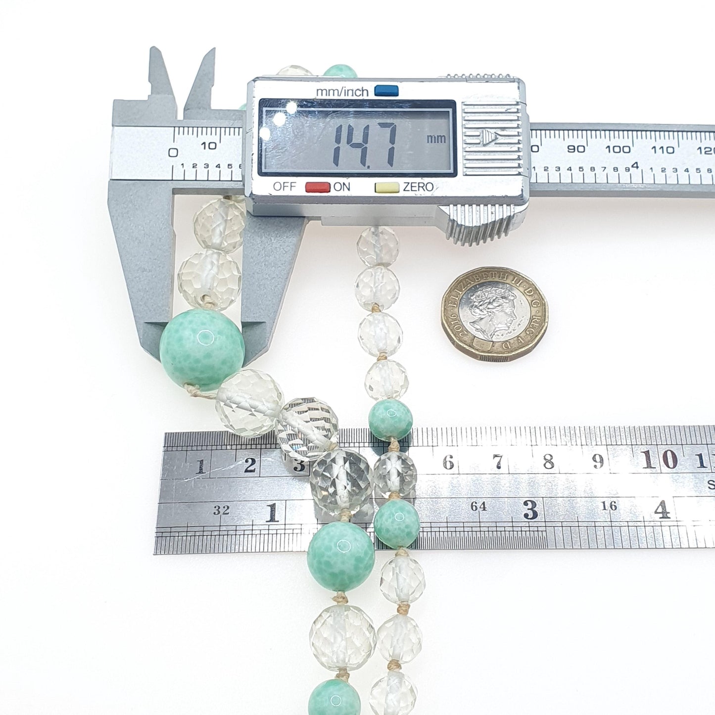 RESERVED/SOLD DON Antique Art Deco Peking Jade Glass Bead Necklace Cut Clear 125g Crystal Glass Very Long Faceted & Round Beads