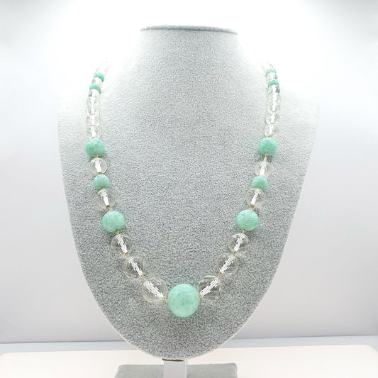 RESERVED/SOLD DON Antique Art Deco Peking Jade Glass Bead Necklace Cut Clear 125g Crystal Glass Very Long Faceted & Round Beads