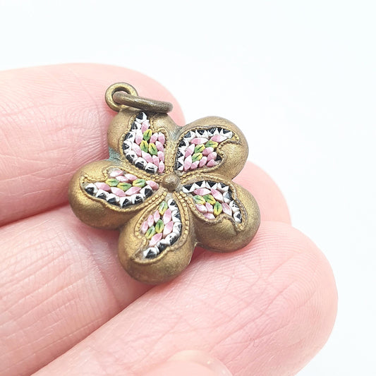 Antique Victorian Micromosaic Pendant Flower Swirl Star Spiral Micro Mosaic Tiles Gold Tone Base Metal Womens Jewelry Jewellery