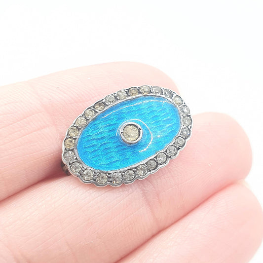 Antique Victorian Solid Silver Blue Enamel Diamond Paste Brooch Champleve Oval Sky Blue Unisex Jewelry Jewellery