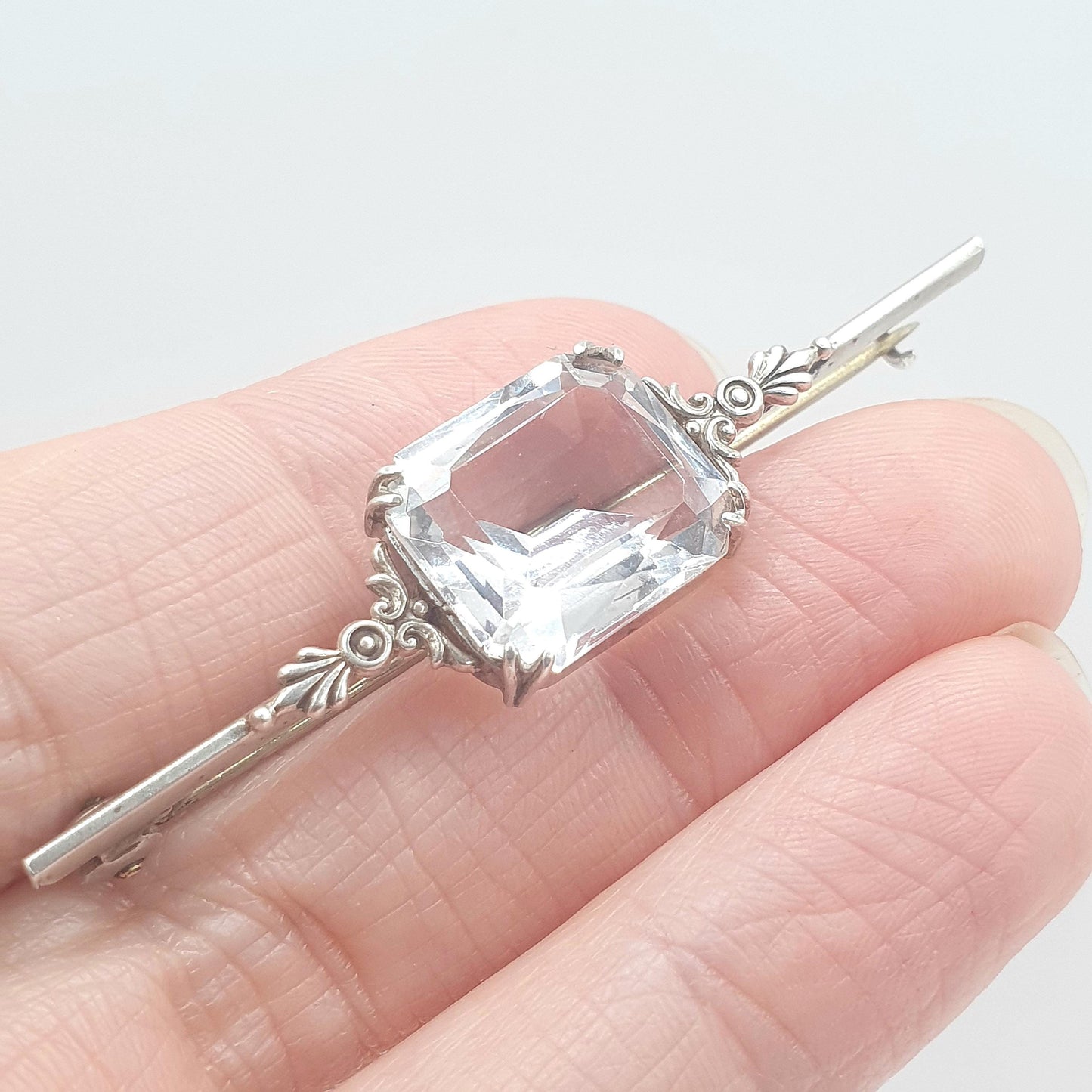 Antique Sterling Silver Rock Crystal Brooch Art Deco White Quartz Rectangular Cut Womens Ladies Unisex Jewelry Jewellery Vintage