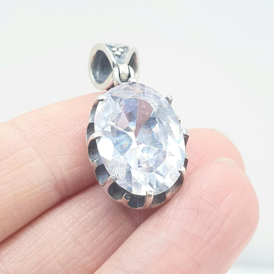 Vintage Solid Silver White Quartz Pendant Large Oval Cut Indian Style Necklace Genuine Real Large Faceted Gemstone Clear Jewelry Jewellery