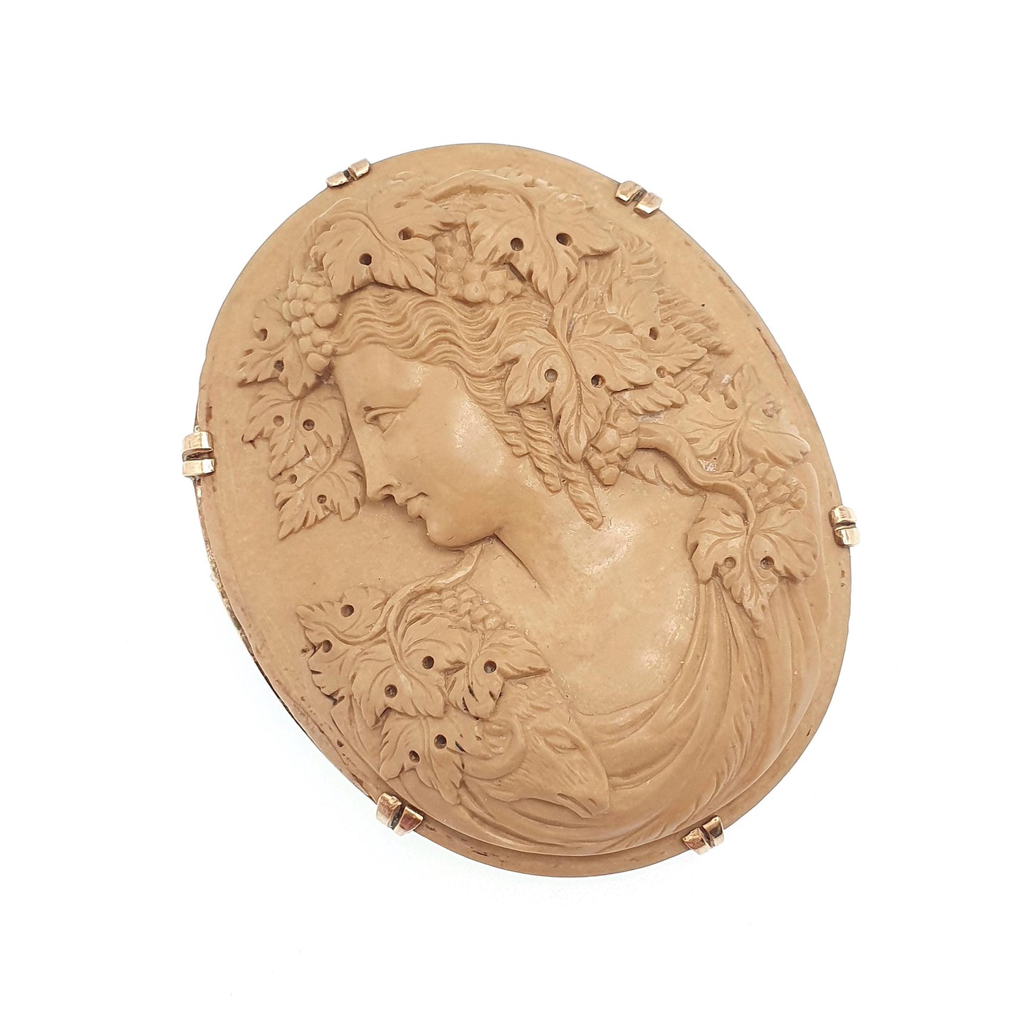 Antique 9ct Gold Lava Cameo Brooch Very Large Solid 9k 9kt High Relief Goddess Ram Goat Grapes Italian Jewelry Jewellery