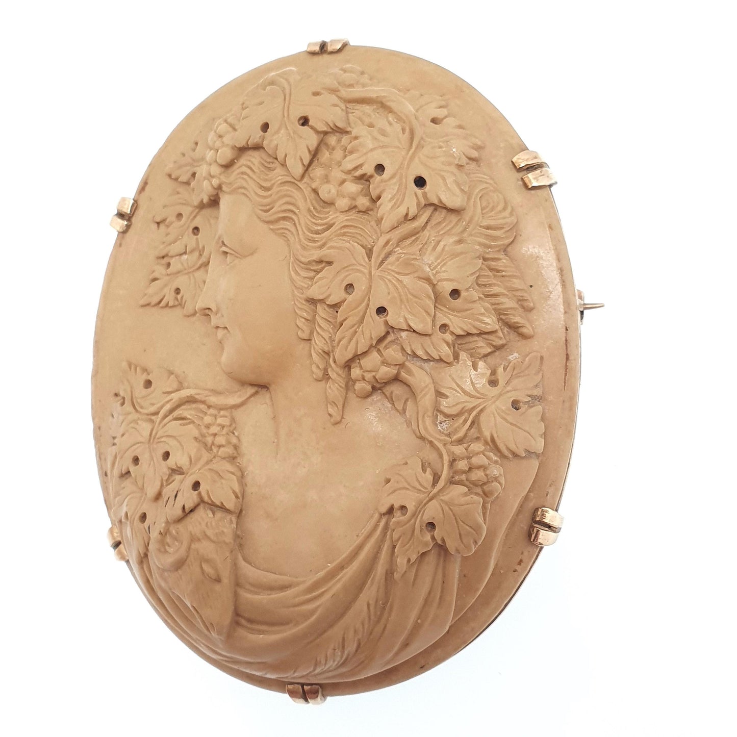 Antique 9ct Gold Lava Cameo Brooch Very Large Solid 9k 9kt High Relief Goddess Ram Goat Grapes Italian Jewelry Jewellery