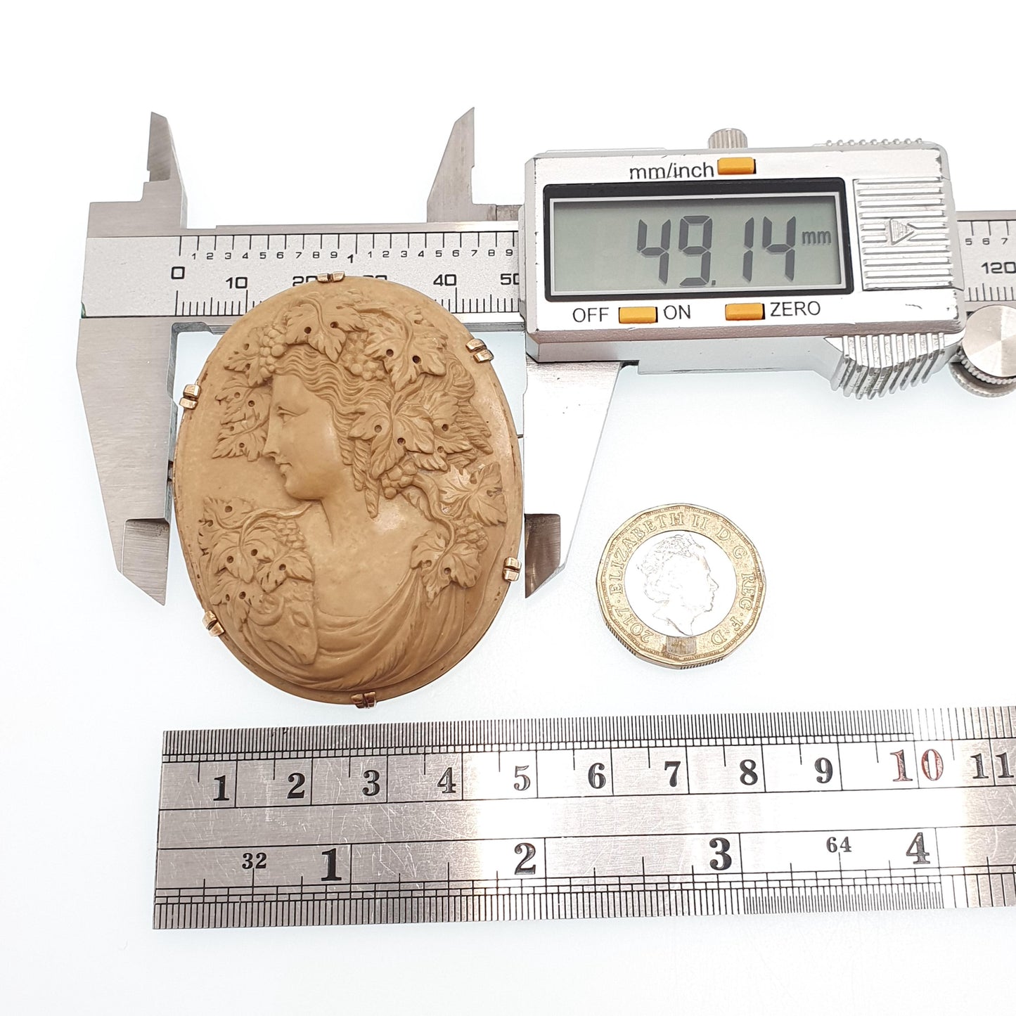 Antique 9ct Gold Lava Cameo Brooch Very Large Solid 9k 9kt High Relief Goddess Ram Goat Grapes Italian Jewelry Jewellery