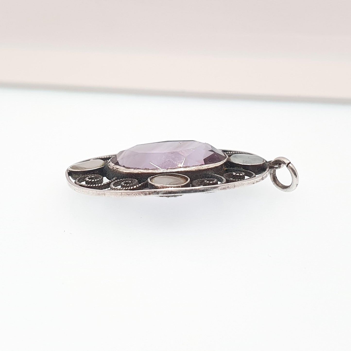 Antique Solid Silver Natural Amethyst Pendant Necklace Art and Crafts Mother of Pearl Oval Genuine Real Vintage Jewelry