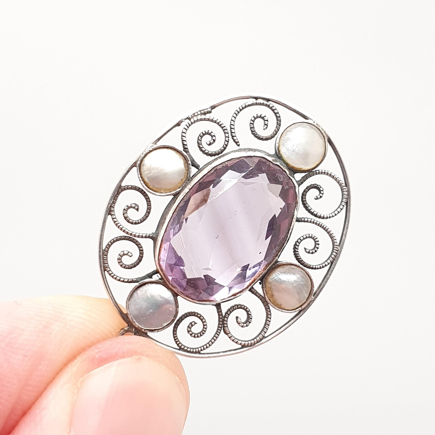 Antique Solid Silver Natural Amethyst Pendant Necklace Art and Crafts Mother of Pearl Oval Genuine Real Vintage Jewelry