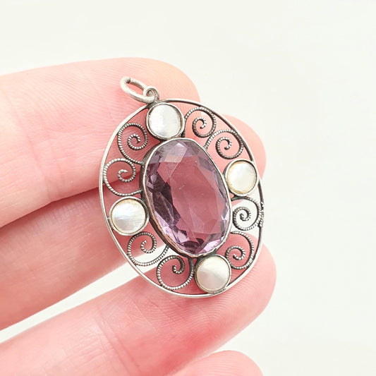 Antique Solid Silver Natural Amethyst Pendant Necklace Art and Crafts Mother of Pearl Oval Genuine Real Vintage Jewelry
