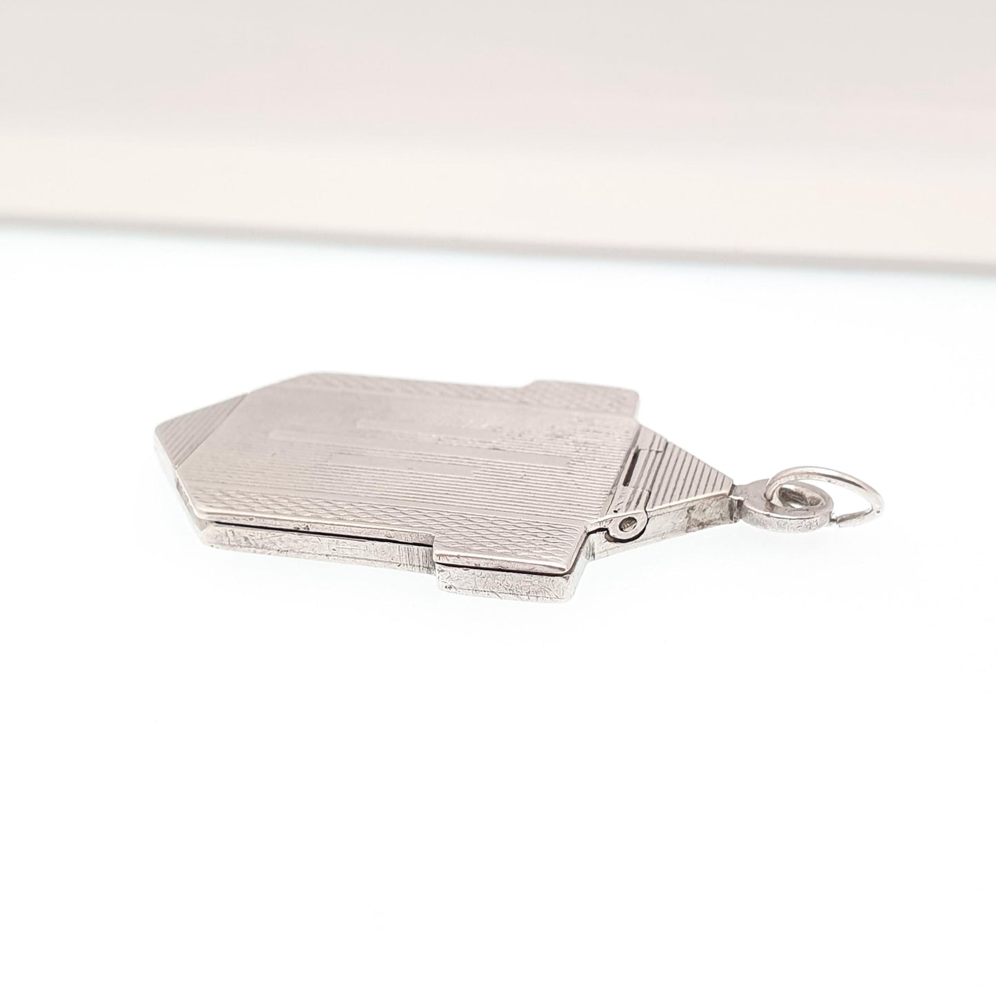 Antique Solid Silver Locket Art Deco Geometric Pattern Arrow Necklace Pendant Fine 1920s Picture Photo Jewelry Vintage Jewellery