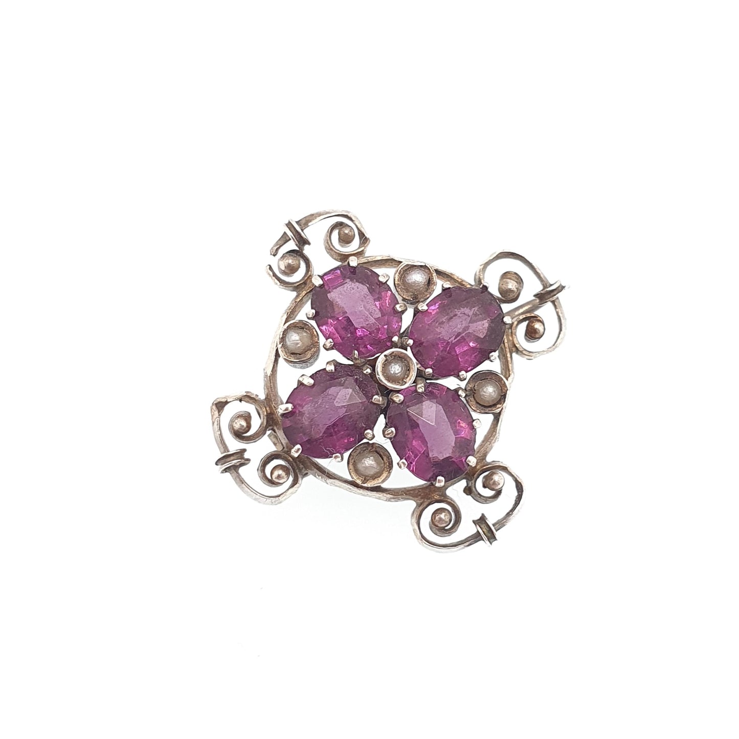 Antique Solid Silver Amethyst Paste Brooch Victorian Seed Pearl Cruciform 1800s Vintage Womens Jewelry Jewellery