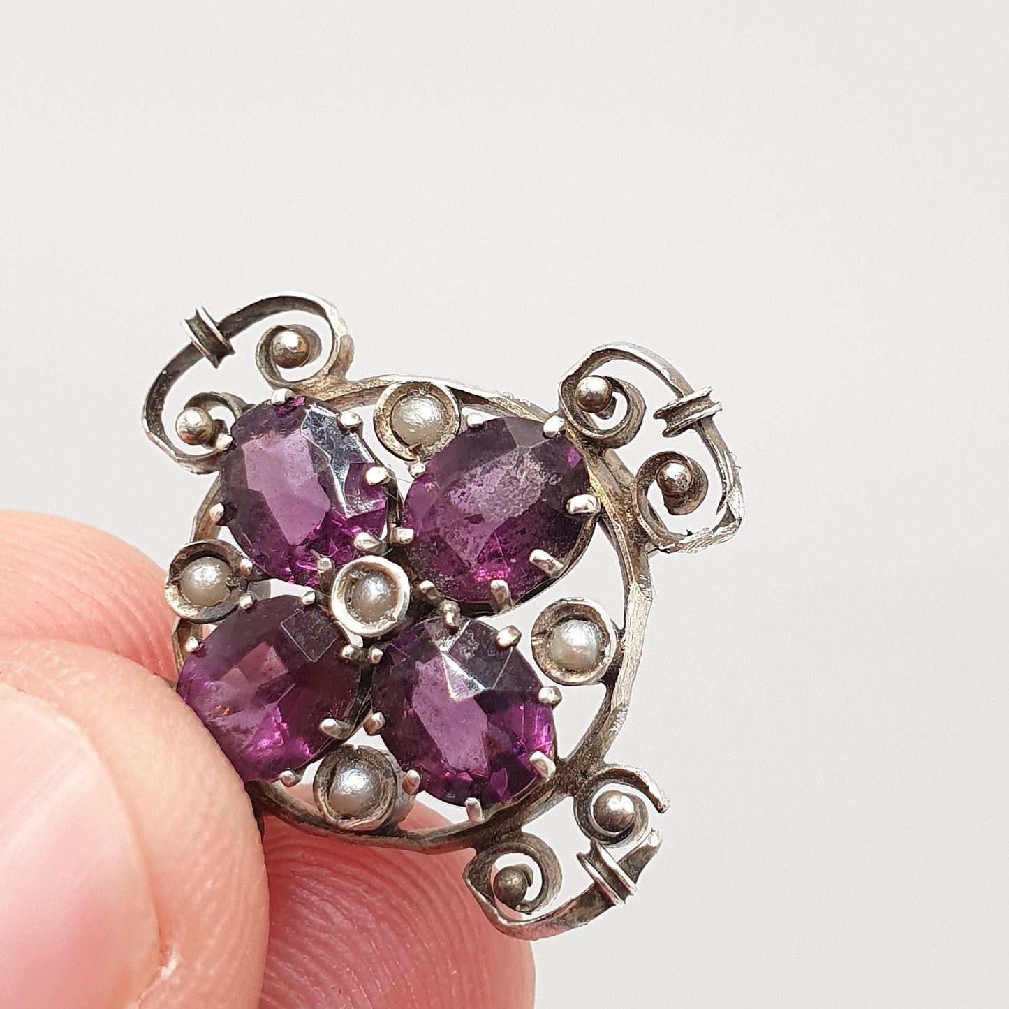 Antique Solid Silver Amethyst Paste Brooch Victorian Seed Pearl Cruciform 1800s Vintage Womens Jewelry Jewellery