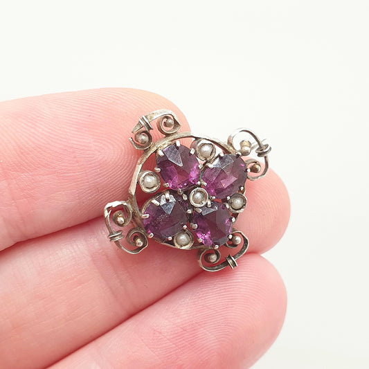 Antique Solid Silver Amethyst Paste Brooch Victorian Seed Pearl Cruciform 1800s Vintage Womens Jewelry Jewellery