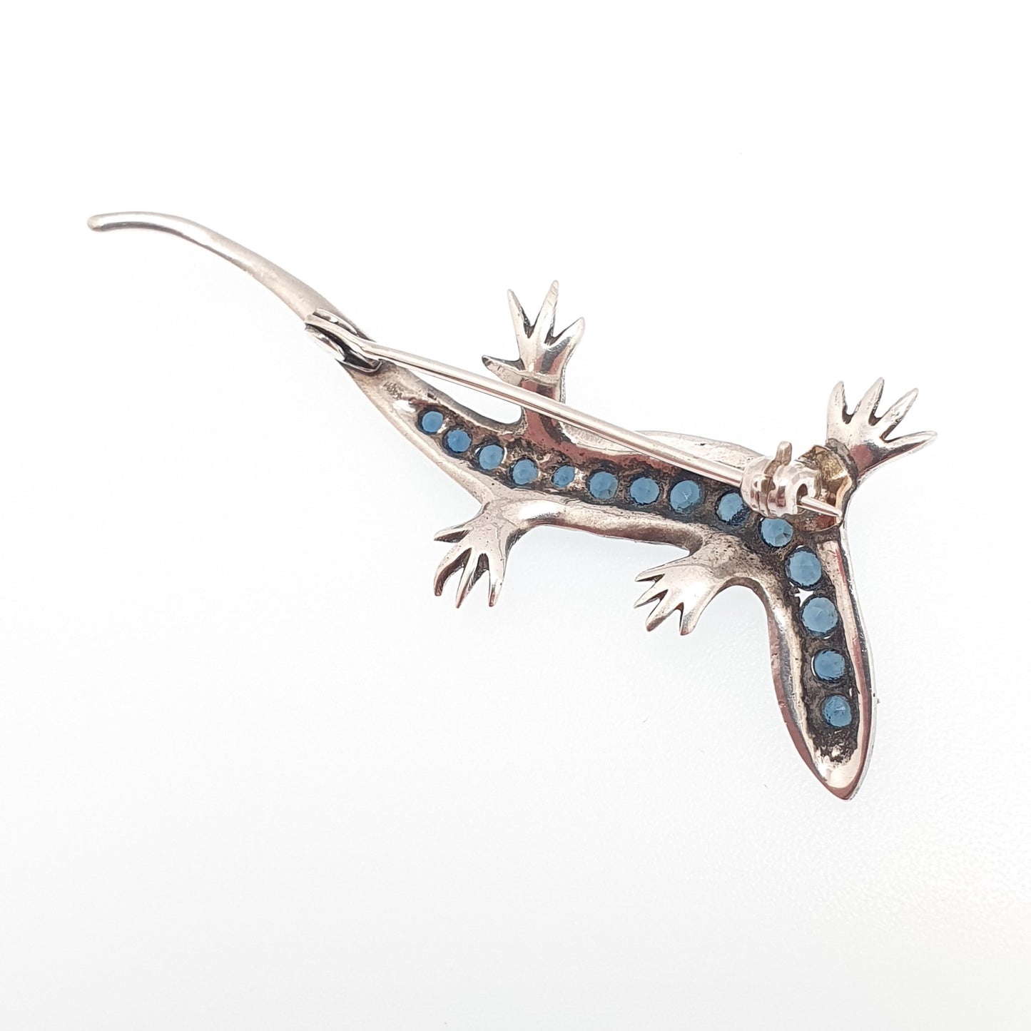 Antique Solid Silver Lizard Brooch Sapphire & Diamond Pastes Reptile Animal Gecko Art Deco Vintage Jewelry Jewellery
