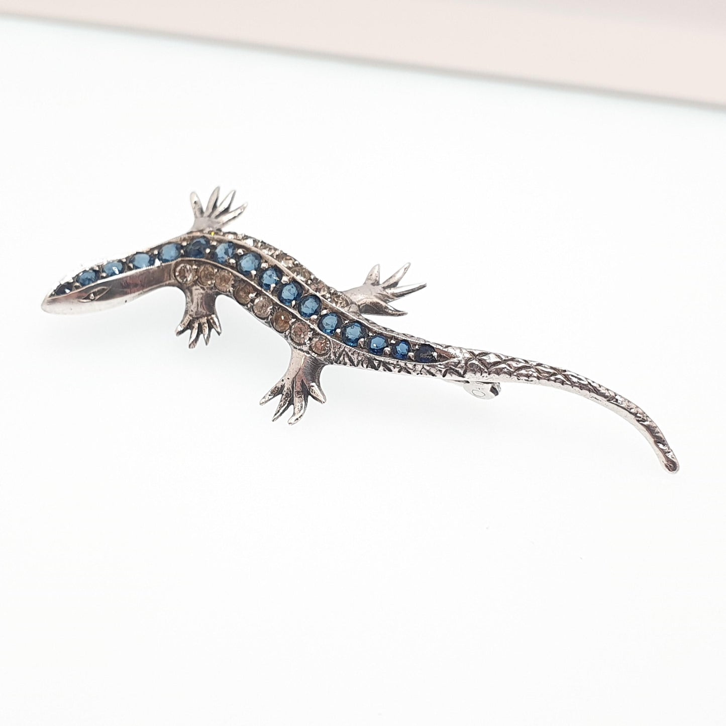 Antique Solid Silver Lizard Brooch Sapphire & Diamond Pastes Reptile Animal Gecko Art Deco Vintage Jewelry Jewellery