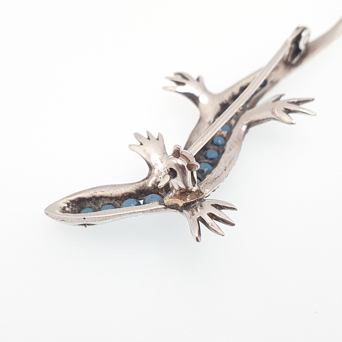 Antique Solid Silver Lizard Brooch Sapphire & Diamond Pastes Reptile Animal Gecko Art Deco Vintage Jewelry Jewellery
