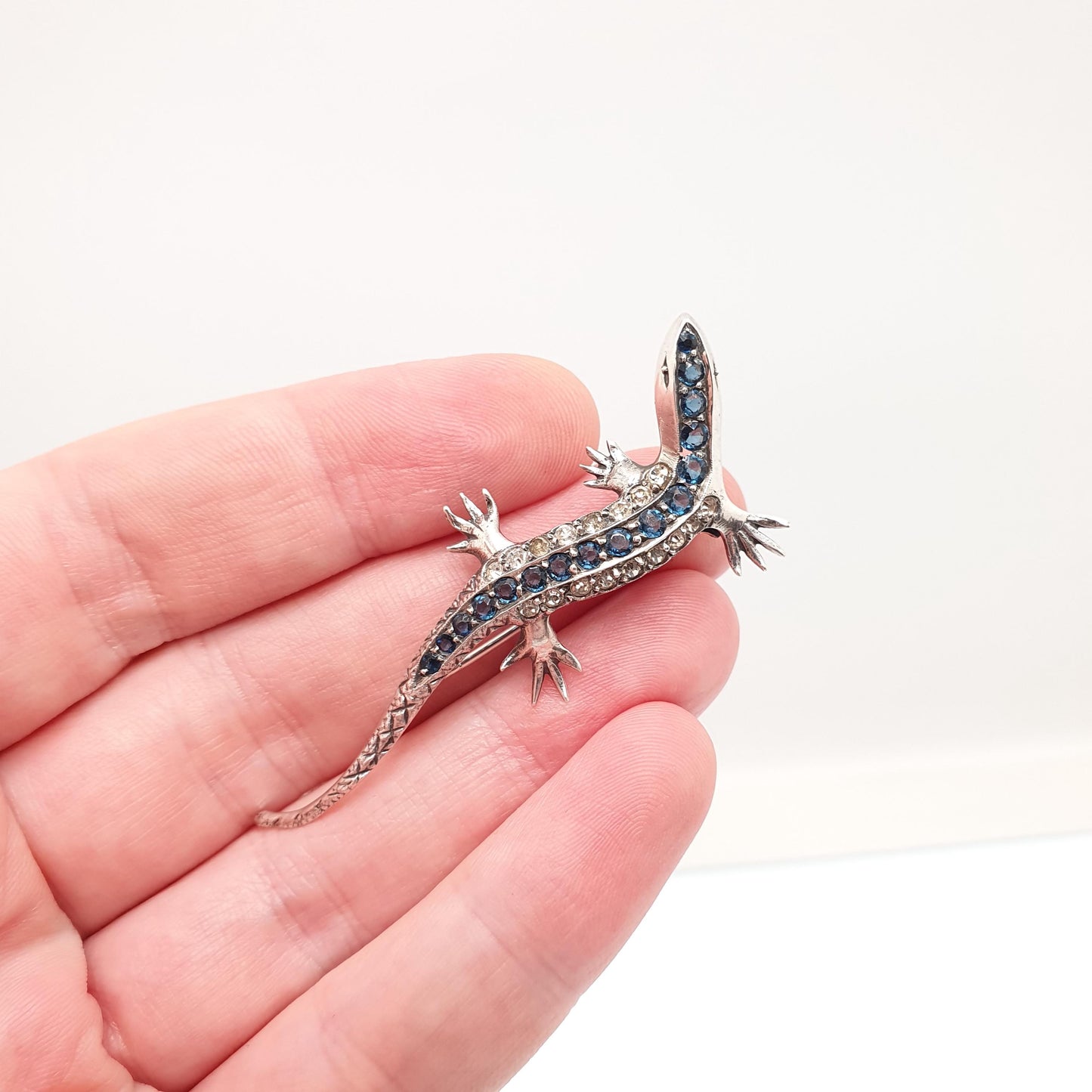 Antique Solid Silver Lizard Brooch Sapphire & Diamond Pastes Reptile Animal Gecko Art Deco Vintage Jewelry Jewellery