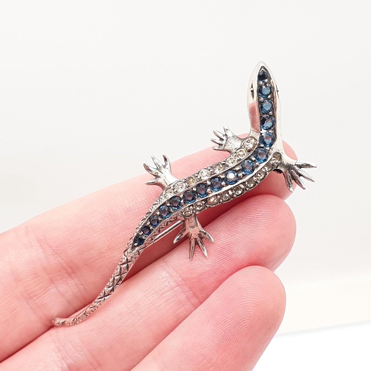 Antique Solid Silver Lizard Brooch Sapphire & Diamond Pastes Reptile Animal Gecko Art Deco Vintage Jewelry Jewellery