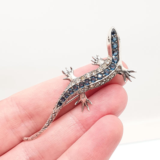 Antique Solid Silver Lizard Brooch Sapphire & Diamond Pastes Reptile Animal Gecko Art Deco Vintage Jewelry Jewellery