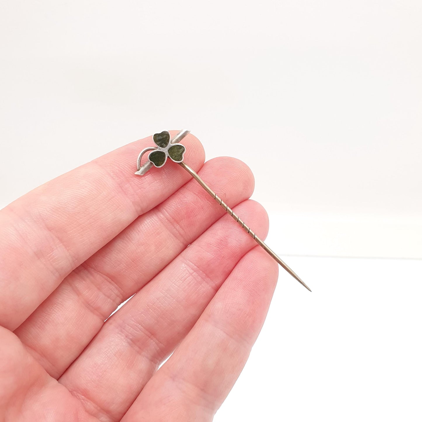 Antique Solid Silver Clover Stick Pin Connemara Marble Victorian Three Leaf Lapel Irish Lucky 1800s Vintage Jewellery Jewelry