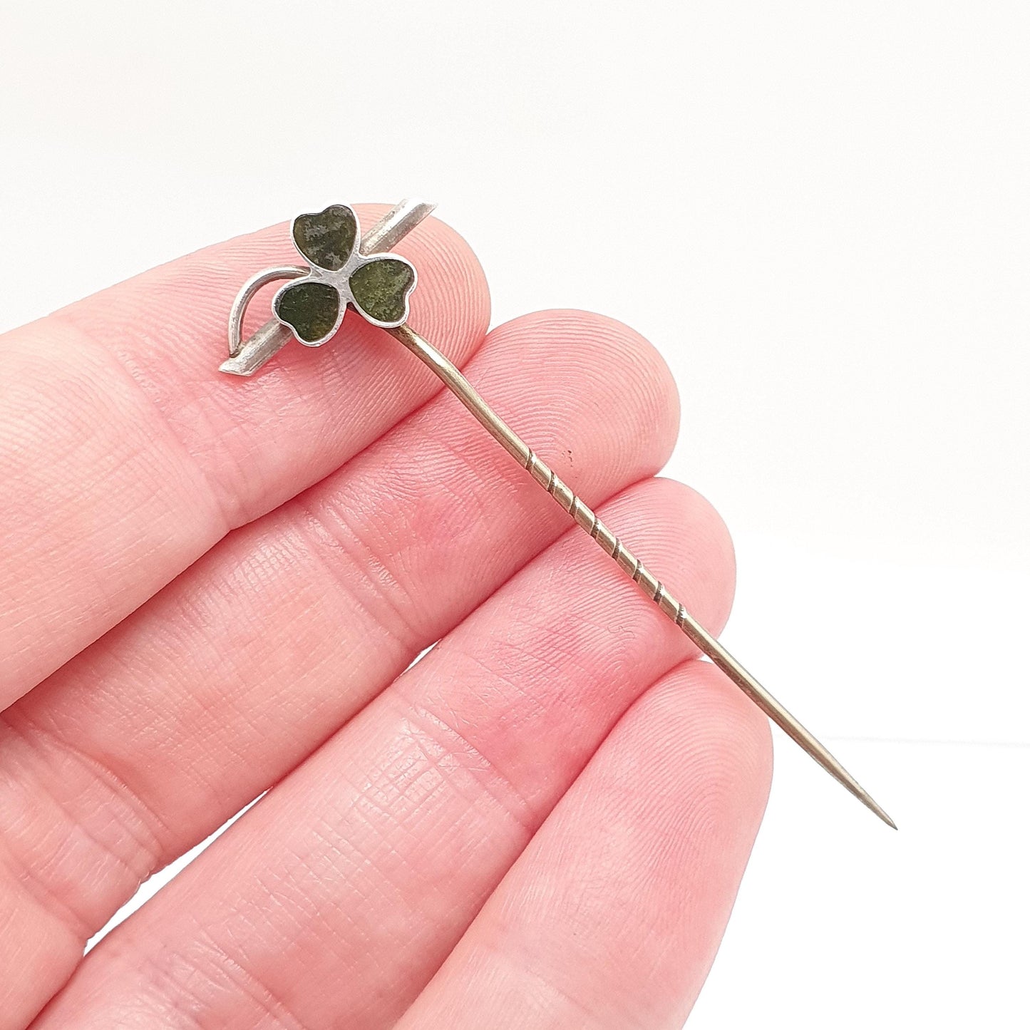 Antique Solid Silver Clover Stick Pin Connemara Marble Victorian Three Leaf Lapel Irish Lucky 1800s Vintage Jewellery Jewelry