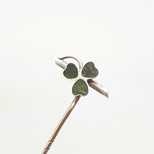 Antique Solid Silver Clover Stick Pin Connemara Marble Victorian Three Leaf Lapel Irish Lucky 1800s Vintage Jewellery Jewelry