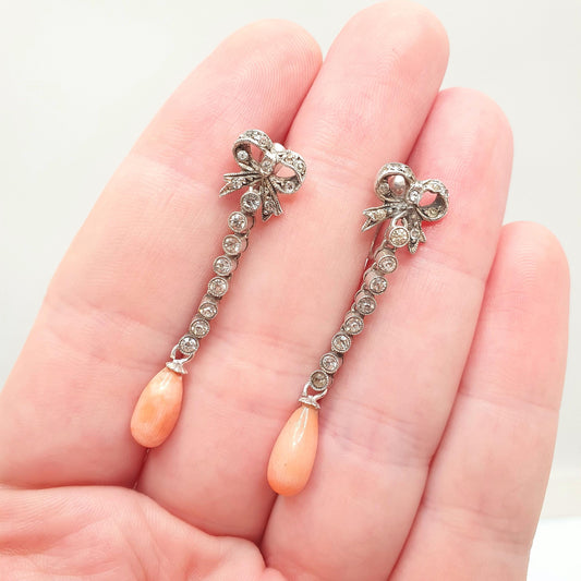 Antique Solid Silver Coral Paste Earrings Bow Hanging Drop Diamond Foiled Glass Genuine Chandelier Vintage Womens Jewelry Jewellery