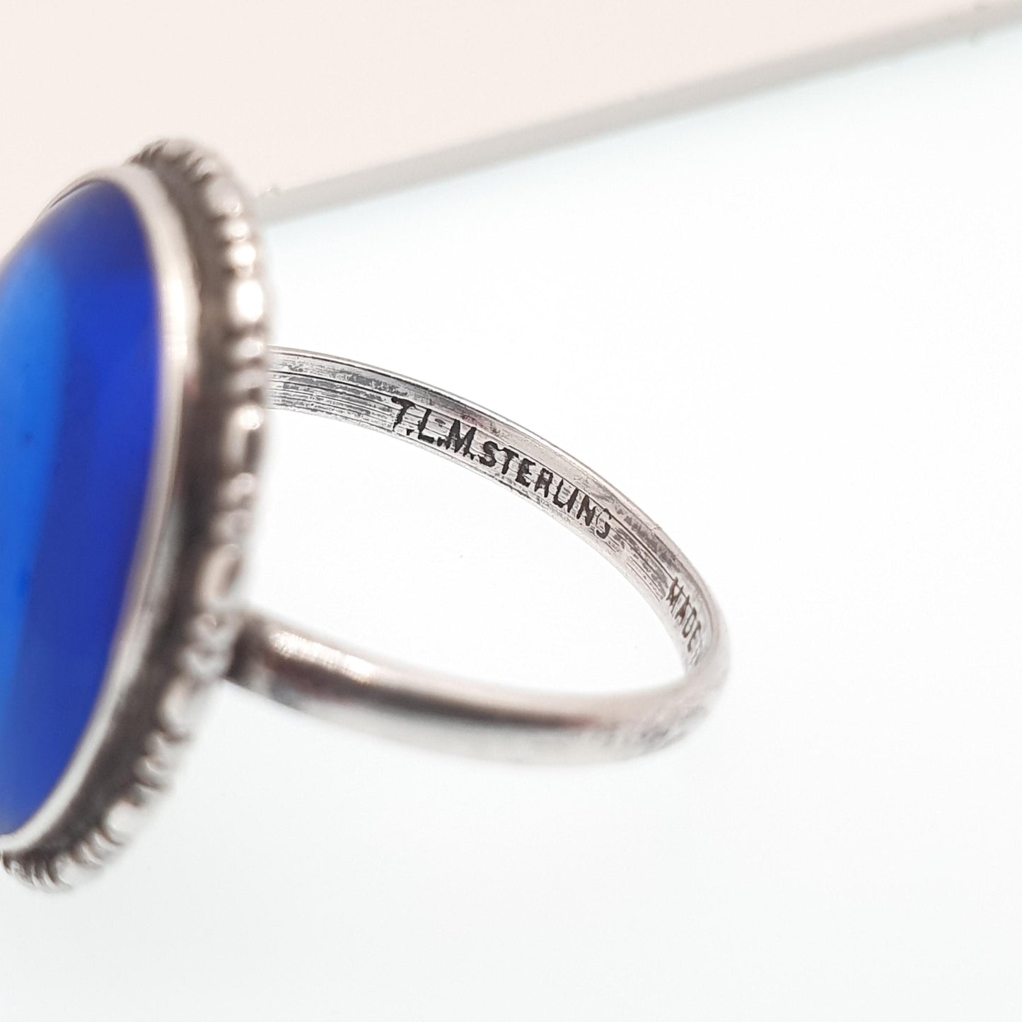 Antique Sterling Silver Butterfly Wing Ring Large Oval TLM Art Deco Genuine Morpho Vintage Blue Womens Jewellery Jewelry