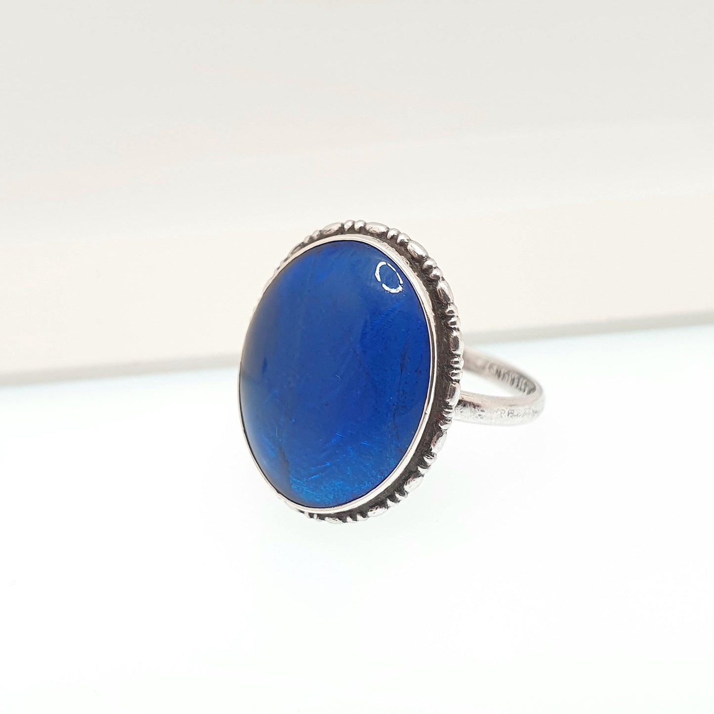 Antique Sterling Silver Butterfly Wing Ring Large Oval TLM Art Deco Genuine Morpho Vintage Blue Womens Jewellery Jewelry